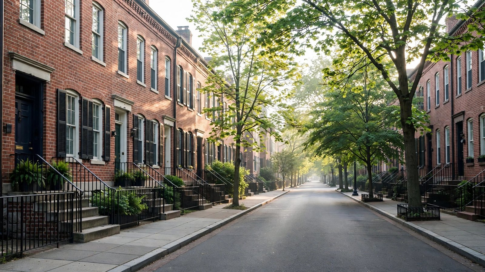 A quiet street of brick row houses in Washington, D.C., in morning light.
