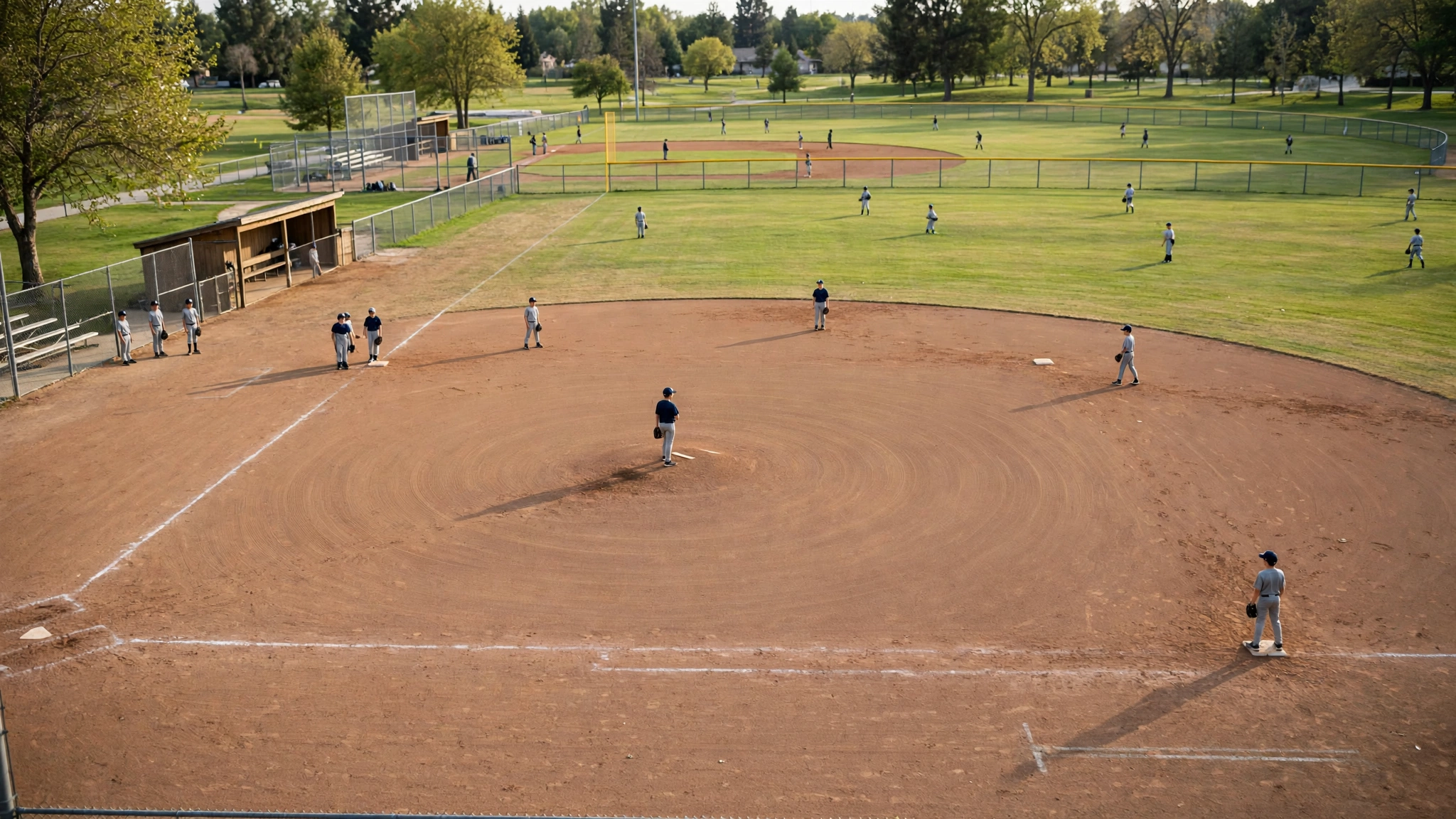 Youth baseball players on a dirt and grass diamond during a game