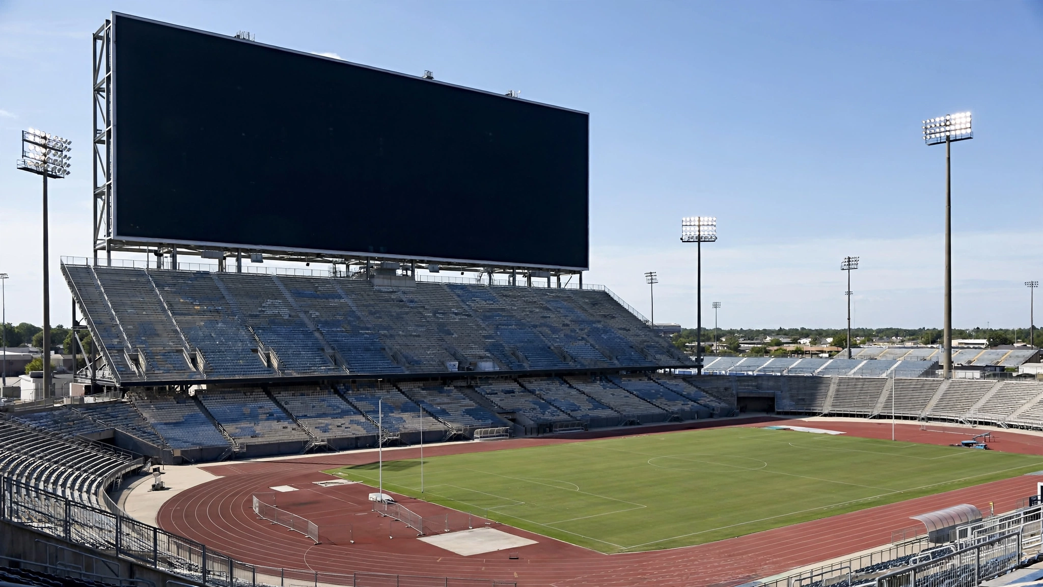 A large blank outdoor video screen above empty stadium stands and a grass field