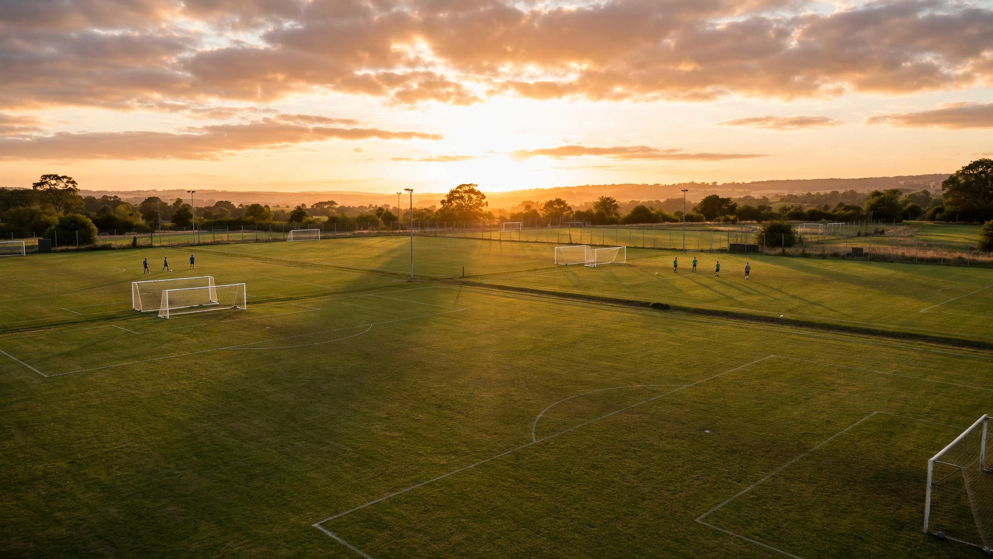 Green soccer fields with white goals under an evening sky