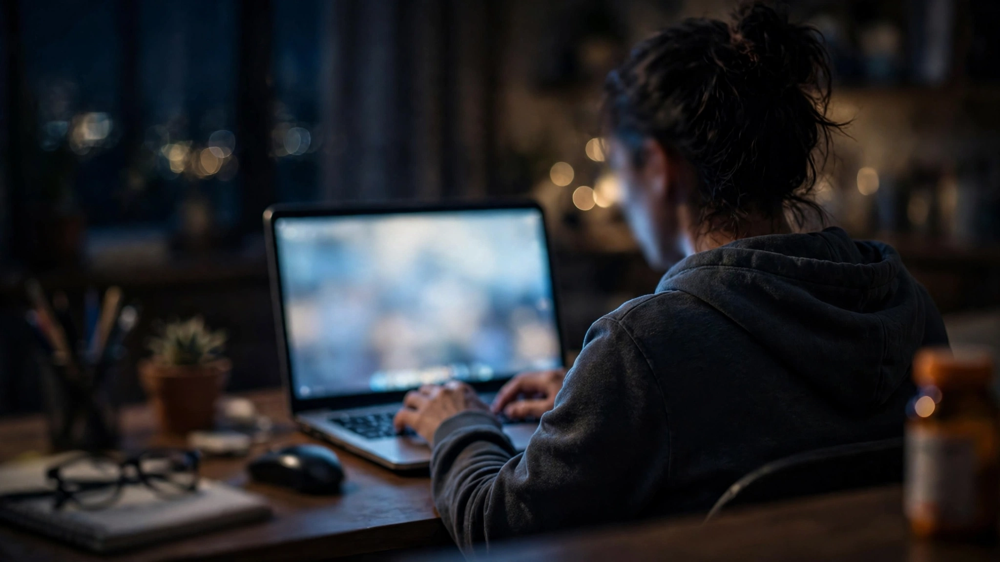 An anonymous person seen from behind typing on a laptop at a home desk at night, with a pill bottle out of focus nearby