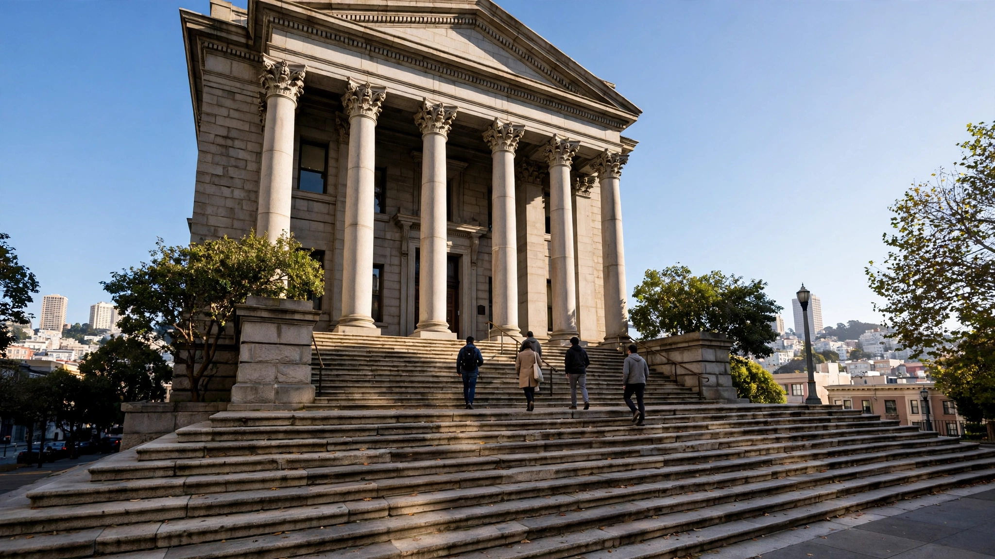 Stone courthouse steps with tall columns, with a few people walking up the steps seen from behind
