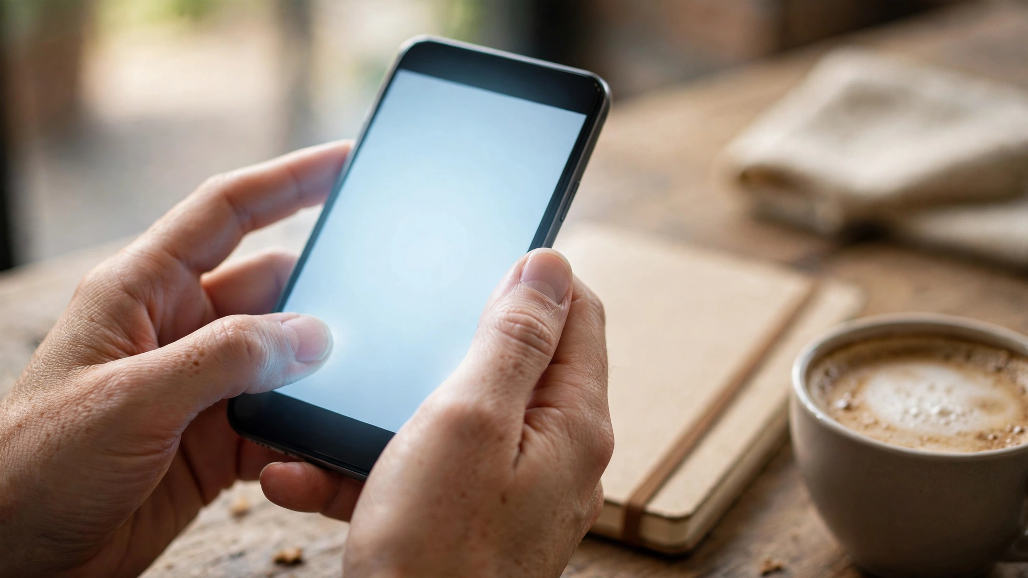 Hands holding a smartphone with a blank glowing screen next to a notebook and a cup of coffee on a wooden table