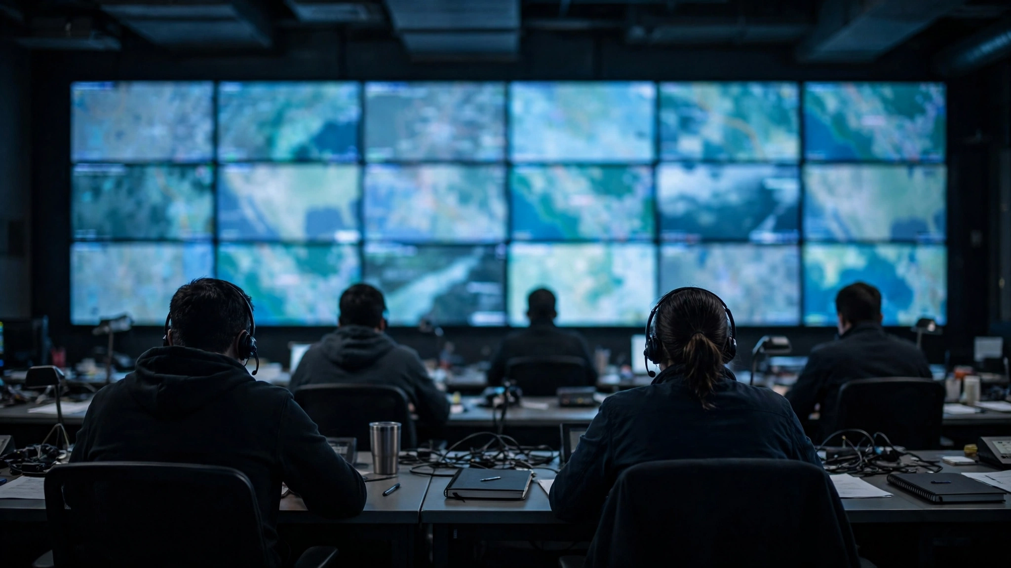 Operators seen from behind at desks in a dim control room facing a wall of map screens.