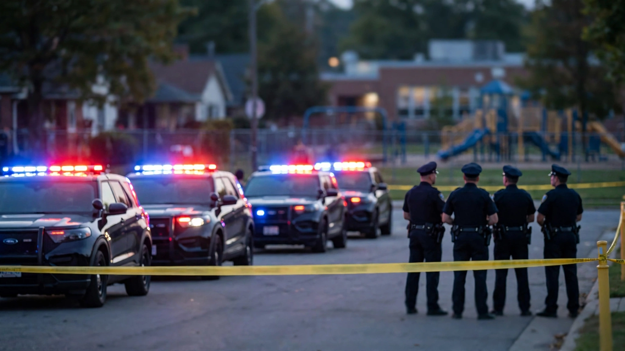 Police vehicles with flashing red and blue lights and officers standing behind yellow crime-scene tape on a suburban street near a school at dusk