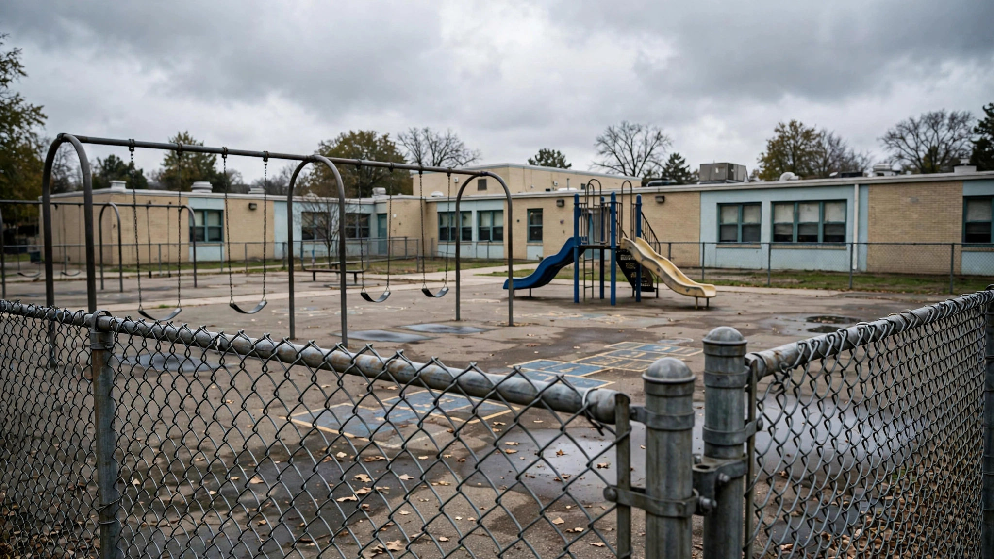 An empty elementary school playground with swings and slides behind a chain-link fence under overcast skies