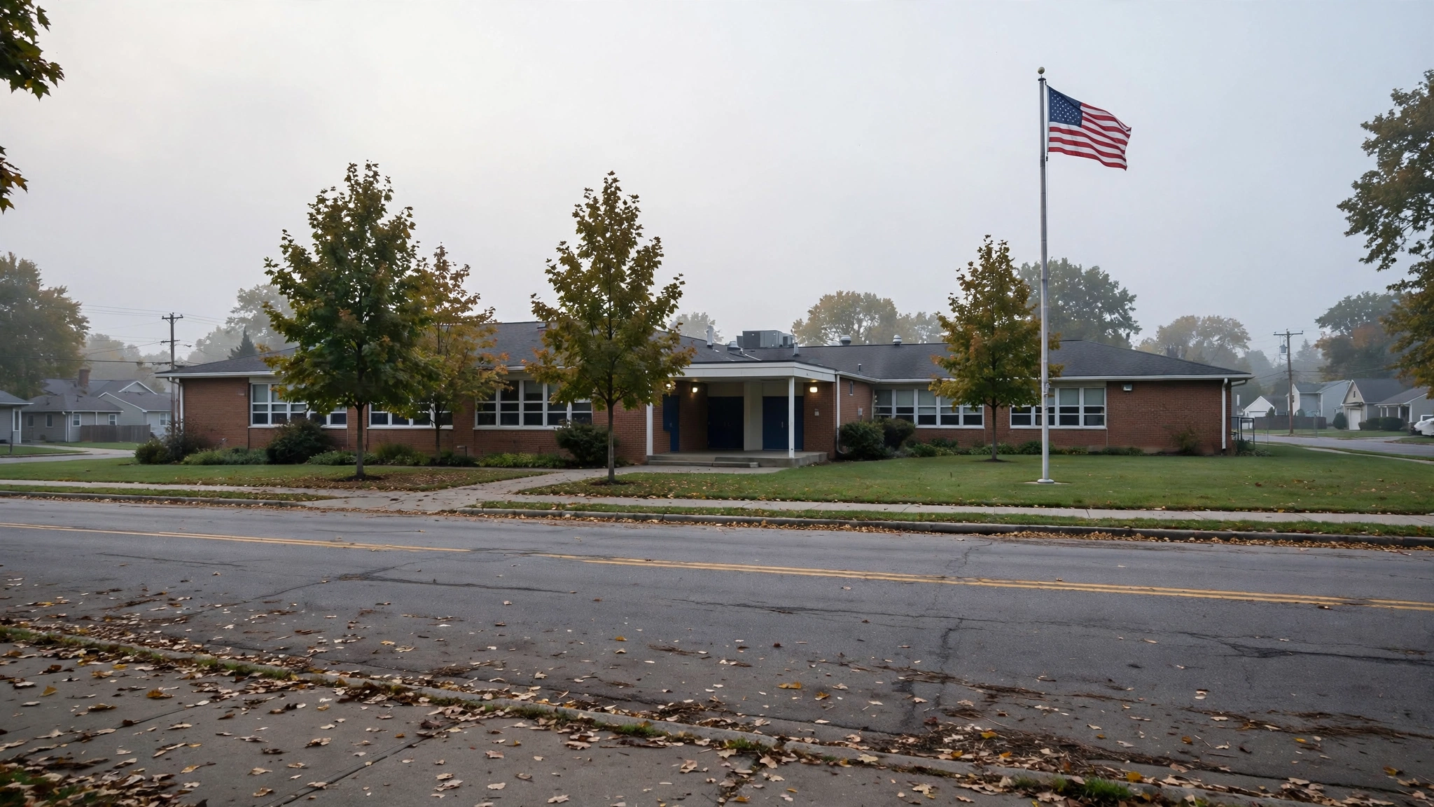 A brick elementary school building with an American flag flying on a flagpole, empty street in front on an autumn morning