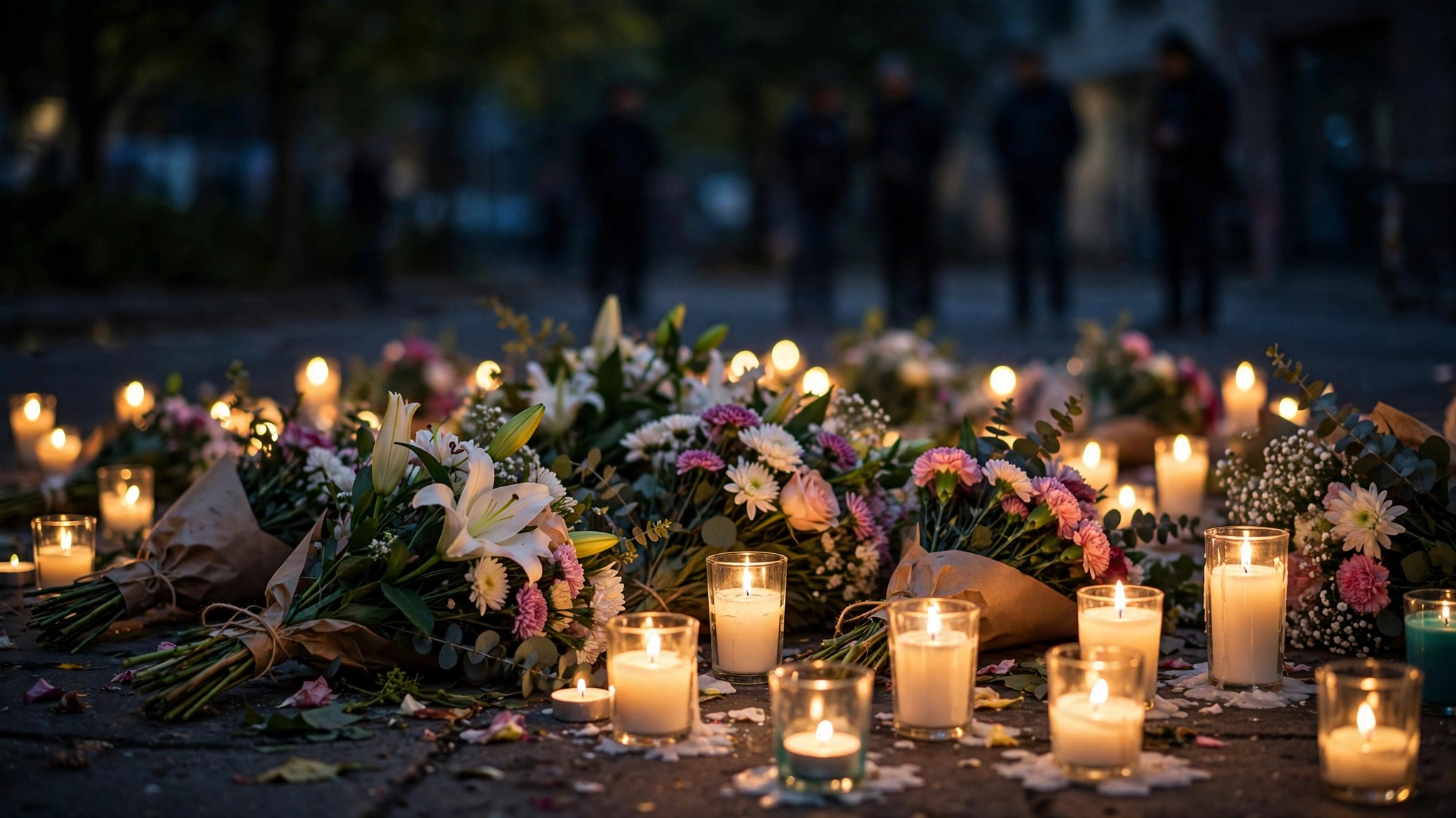 Lit candles in glass holders and flower bouquets at a nighttime memorial vigil, with people silhouetted in the background