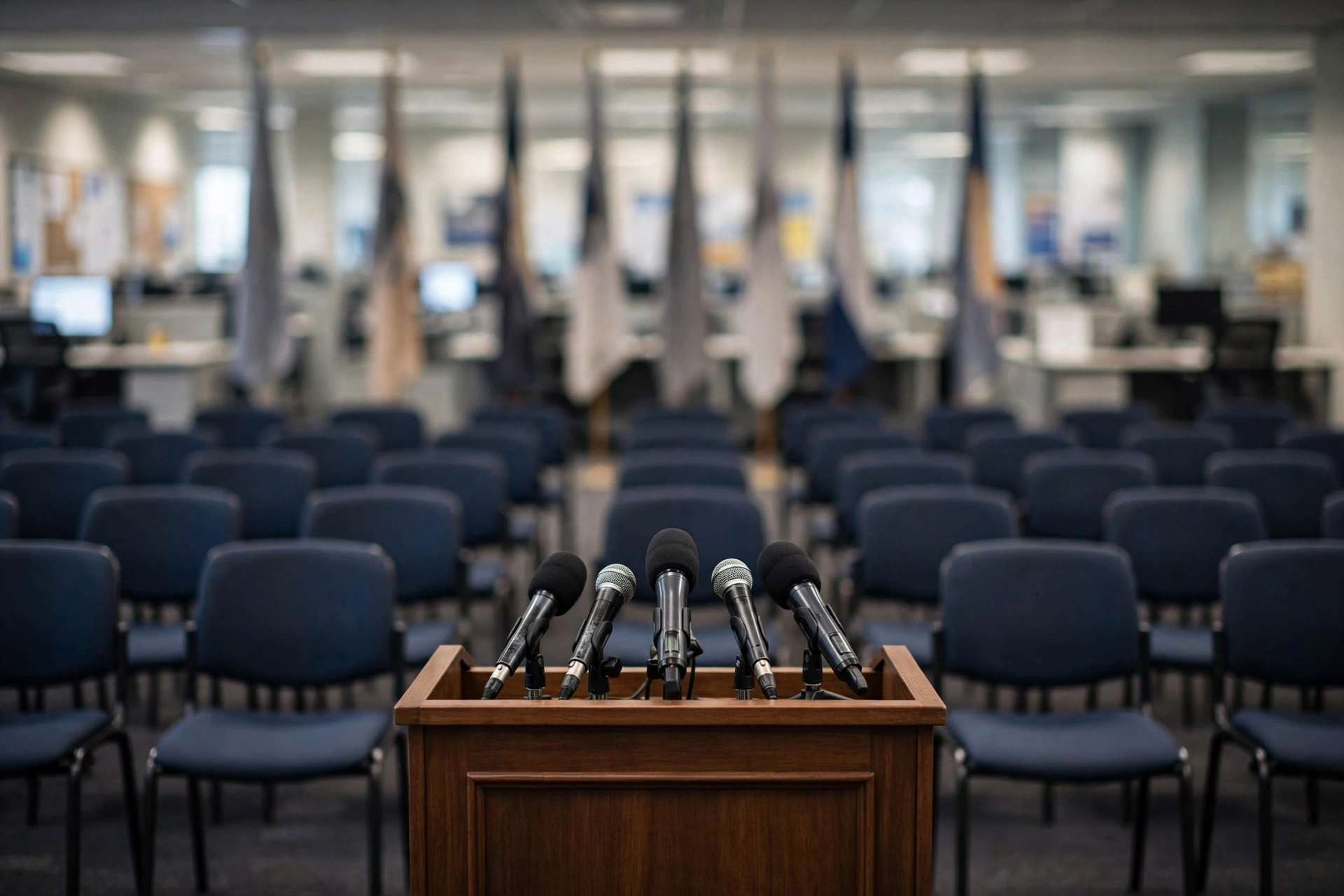 An empty press conference podium with microphones facing rows of empty chairs, flags blurred in the background