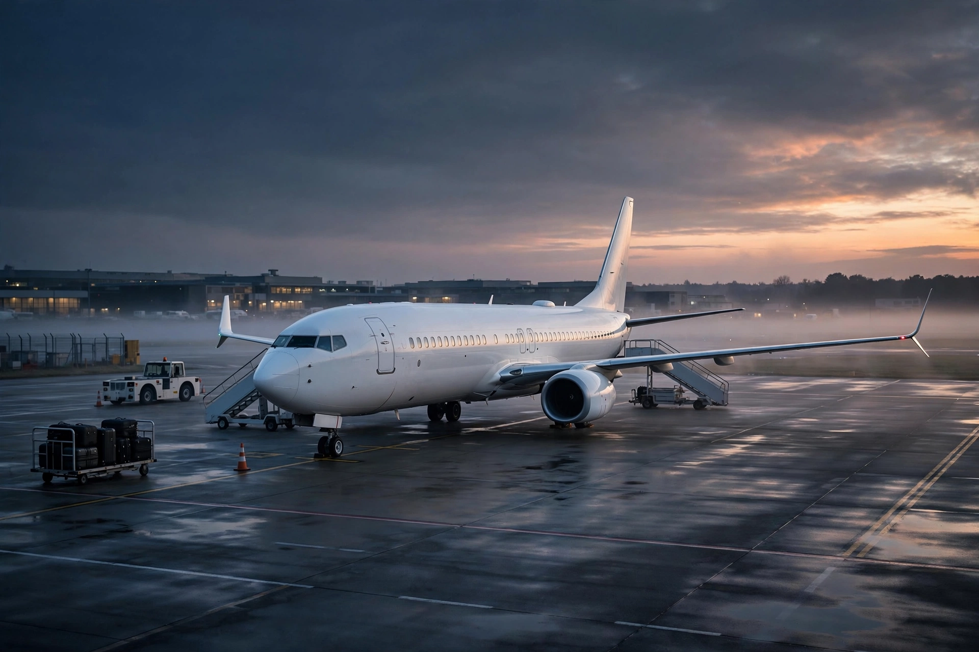 A commercial passenger aircraft parked on an airport tarmac at dawn