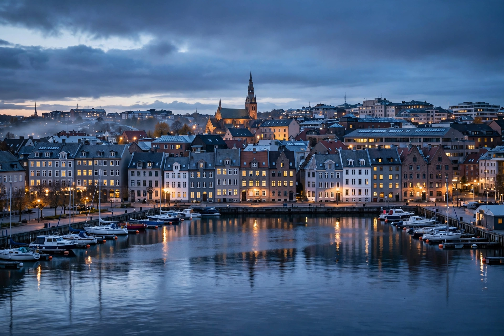 A Northern European city skyline at dusk along a waterfront with docked boats