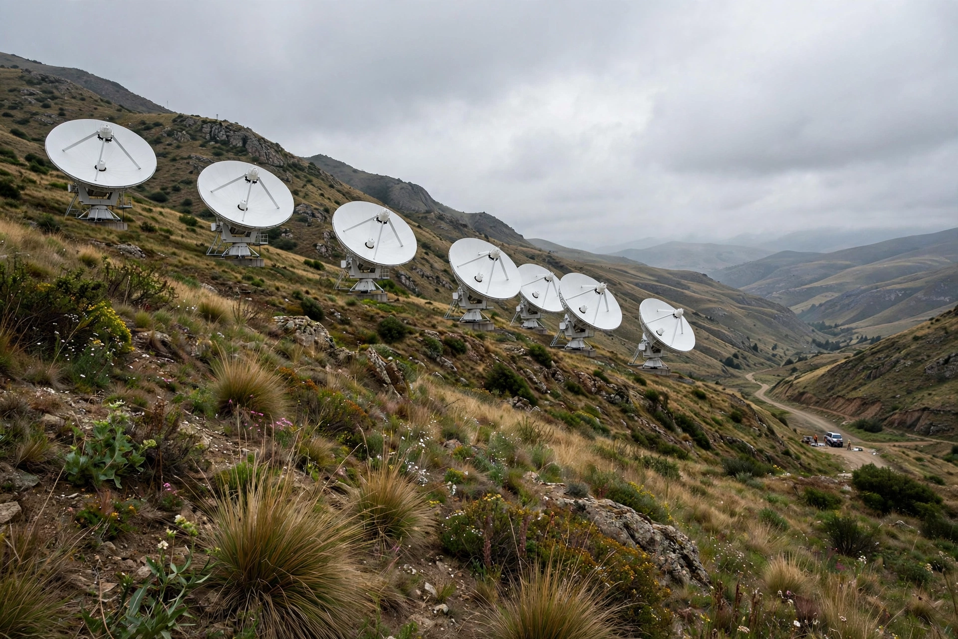 A row of white satellite communications dishes on a grassy hillside