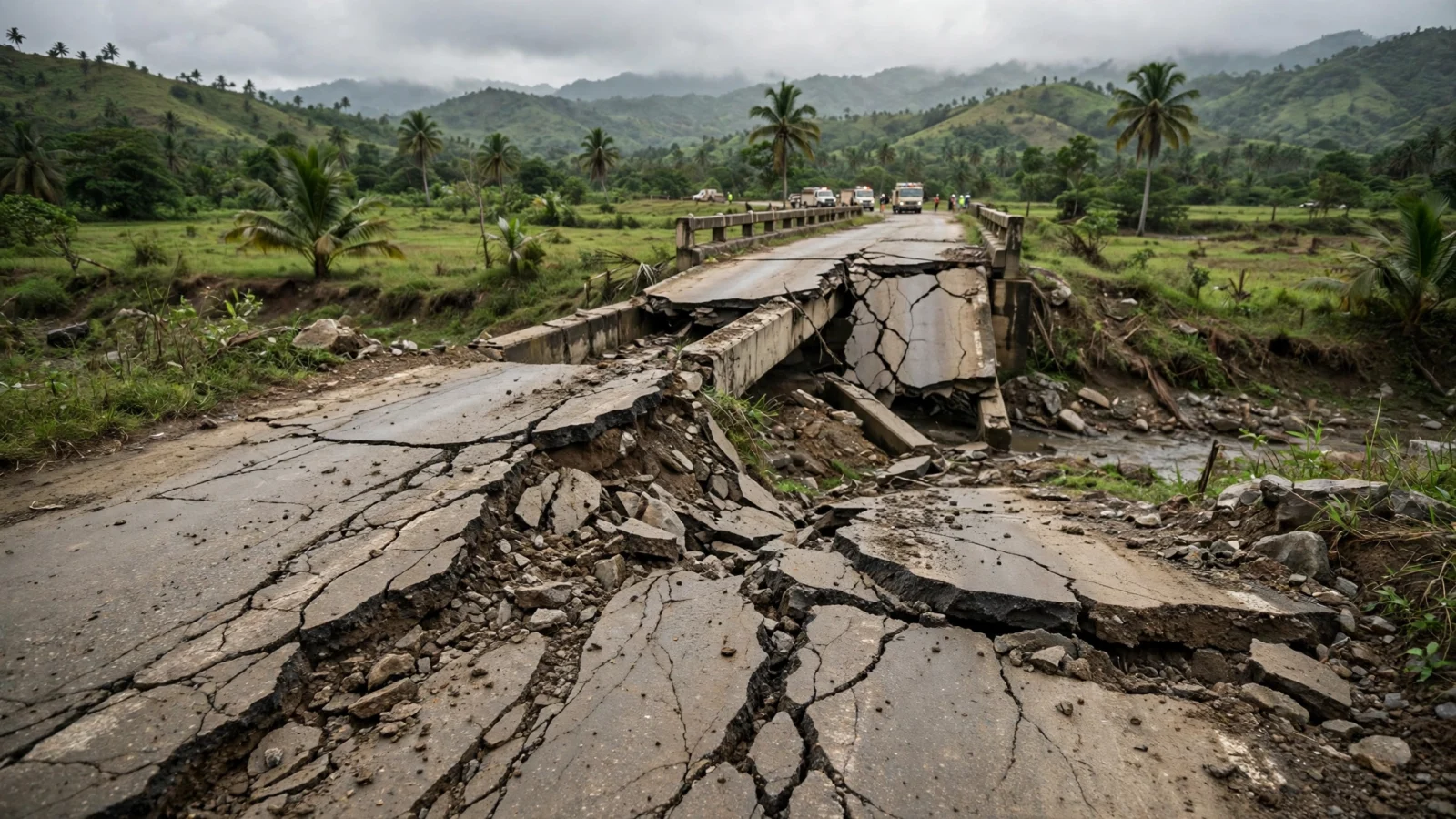 A cracked rural road and a partially collapsed small concrete bridge in a tropical rural landscape with palm trees and green hills, with emergency vehicles and indistinct workers in the distance.