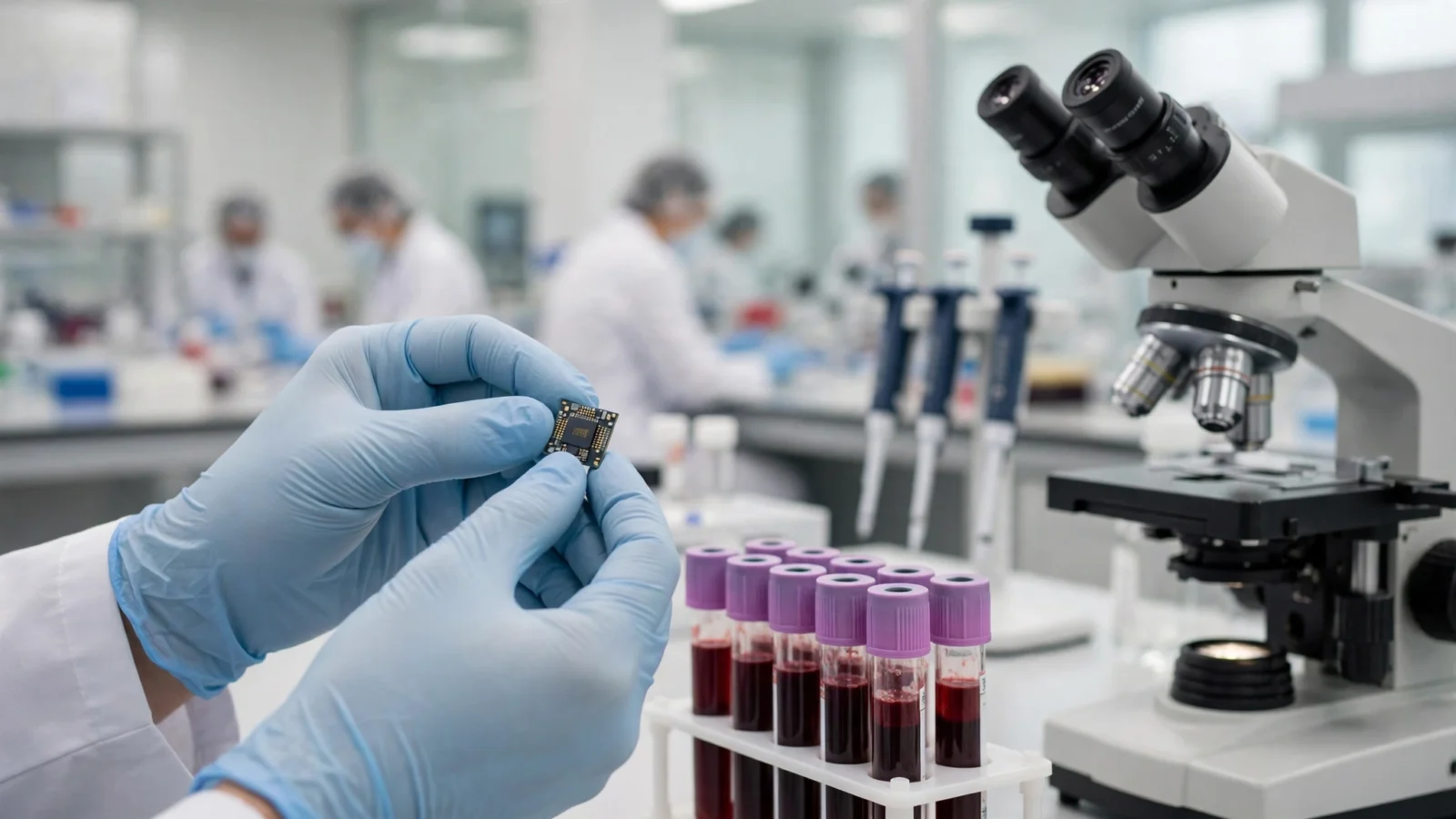 Gloved hands holding a small electronic sensor chip in a laboratory with blood sample tubes and a microscope