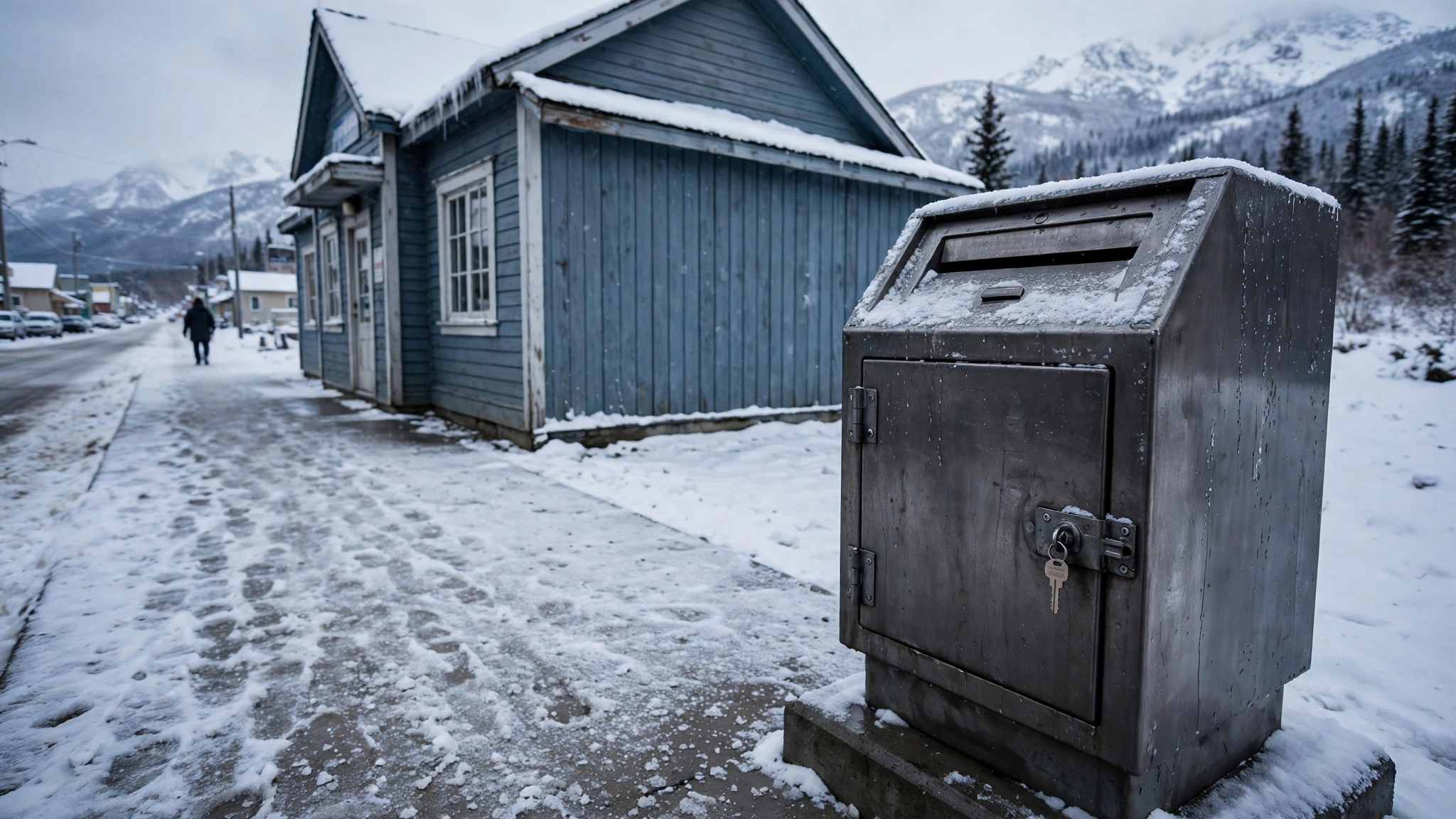 A metal ballot drop box dusted with snow outside a wooden municipal building in a small Alaskan town