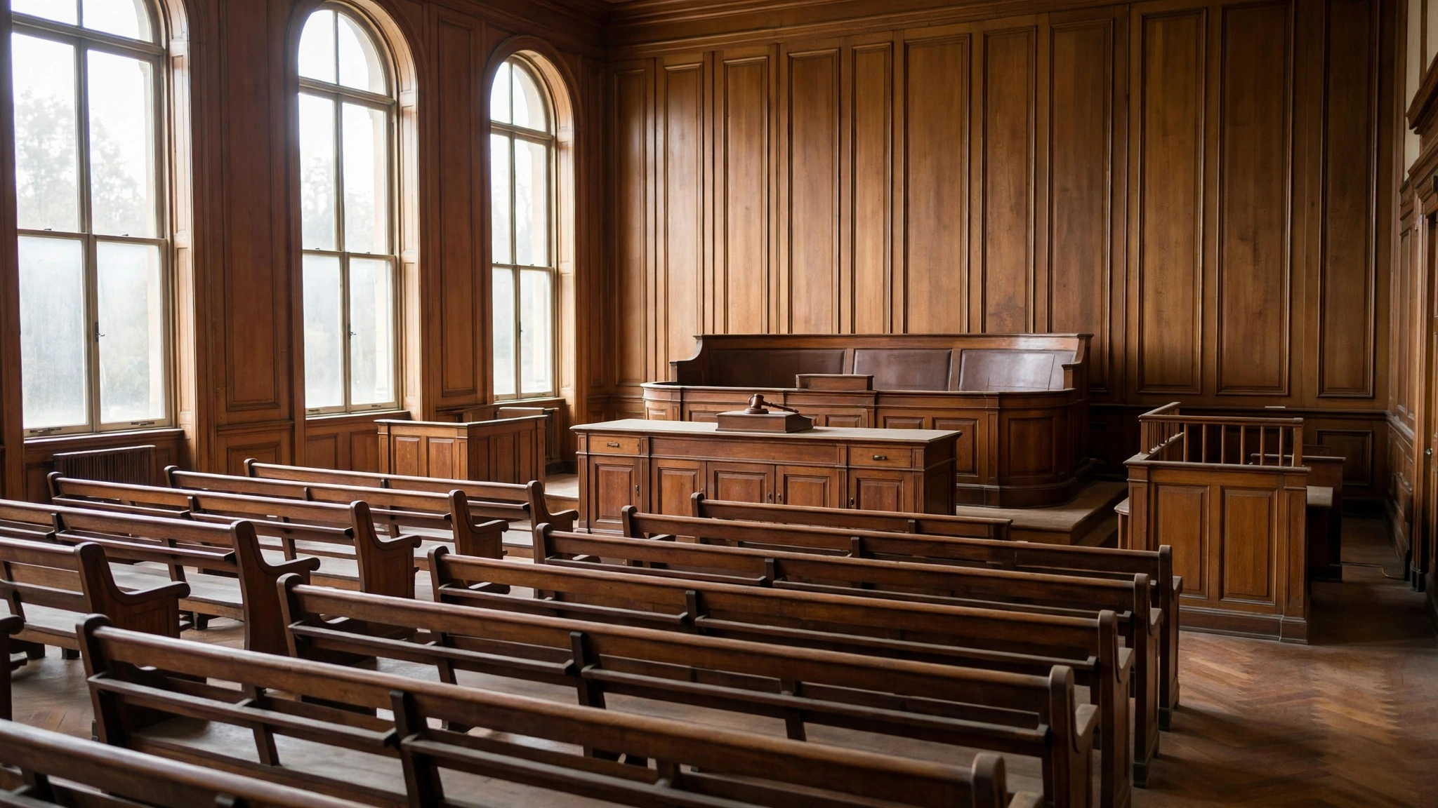 An empty wood-paneled courtroom with rows of benches, a judge bench and tall arched windows