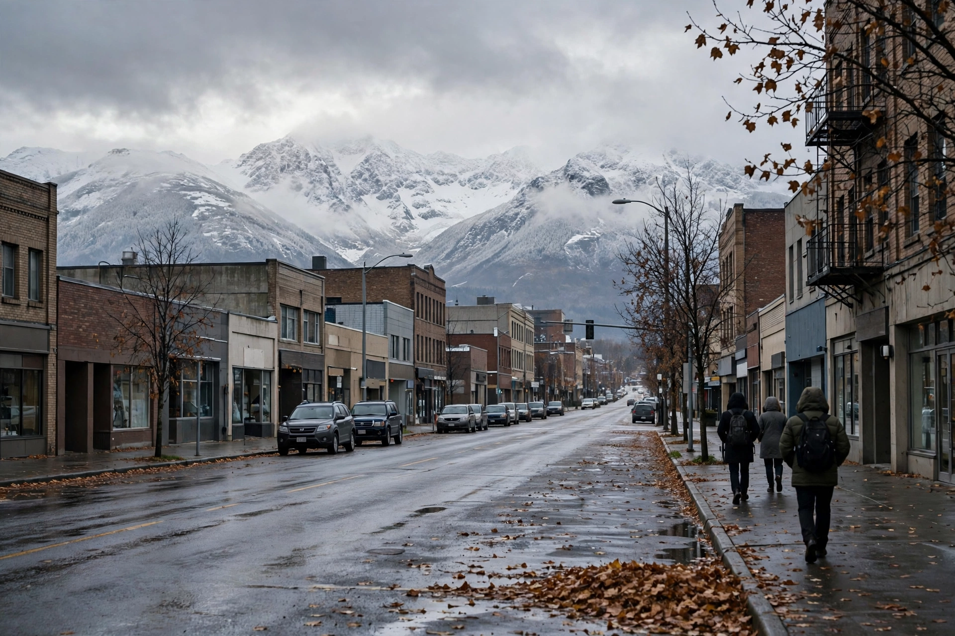 A downtown Anchorage street on a wet autumn day, with pedestrians walking away from the camera and snow-covered mountains behind the city