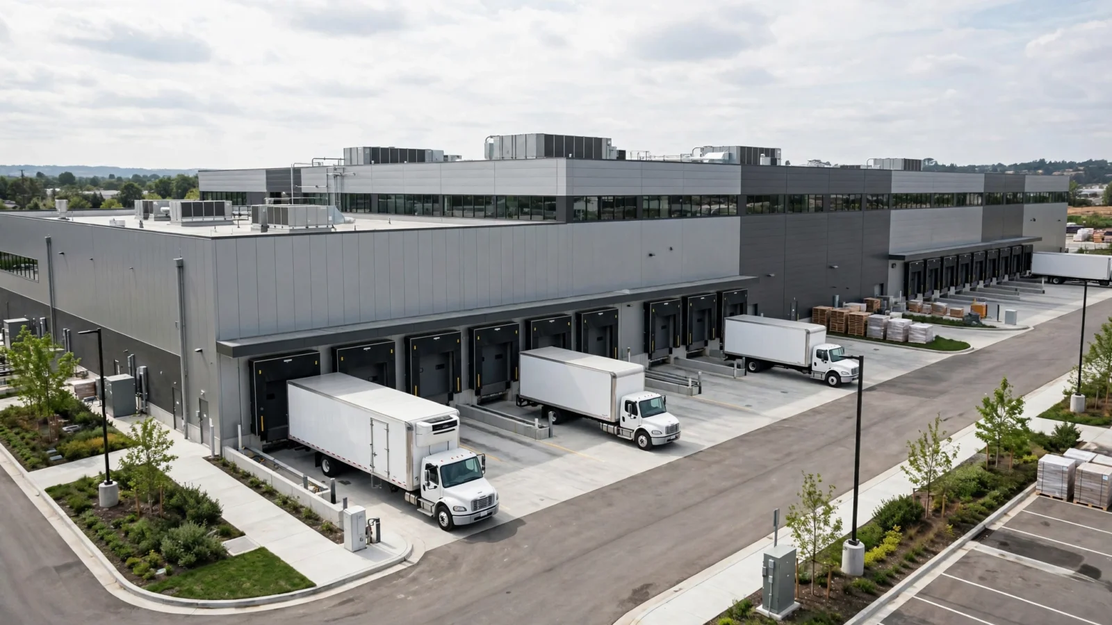 Modern gray distribution building with loading docks and white box trucks parked outside on a cloudy day