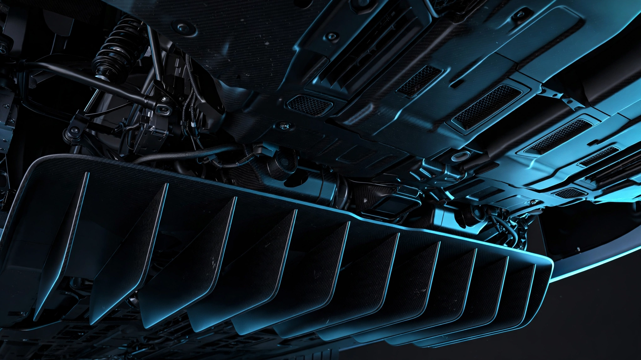 Close-up of the underbody and rear diffuser of a futuristic sports car with aerodynamic vents under blue rim lighting