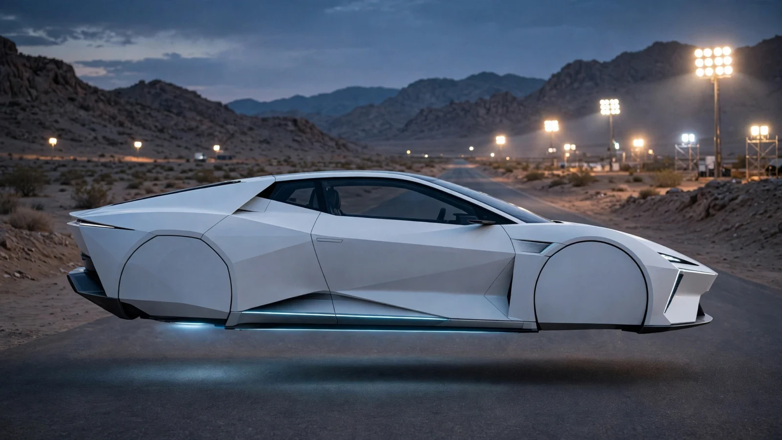 A futuristic angular white sports car hovering slightly above a desert road at dusk, floodlights glowing in the background