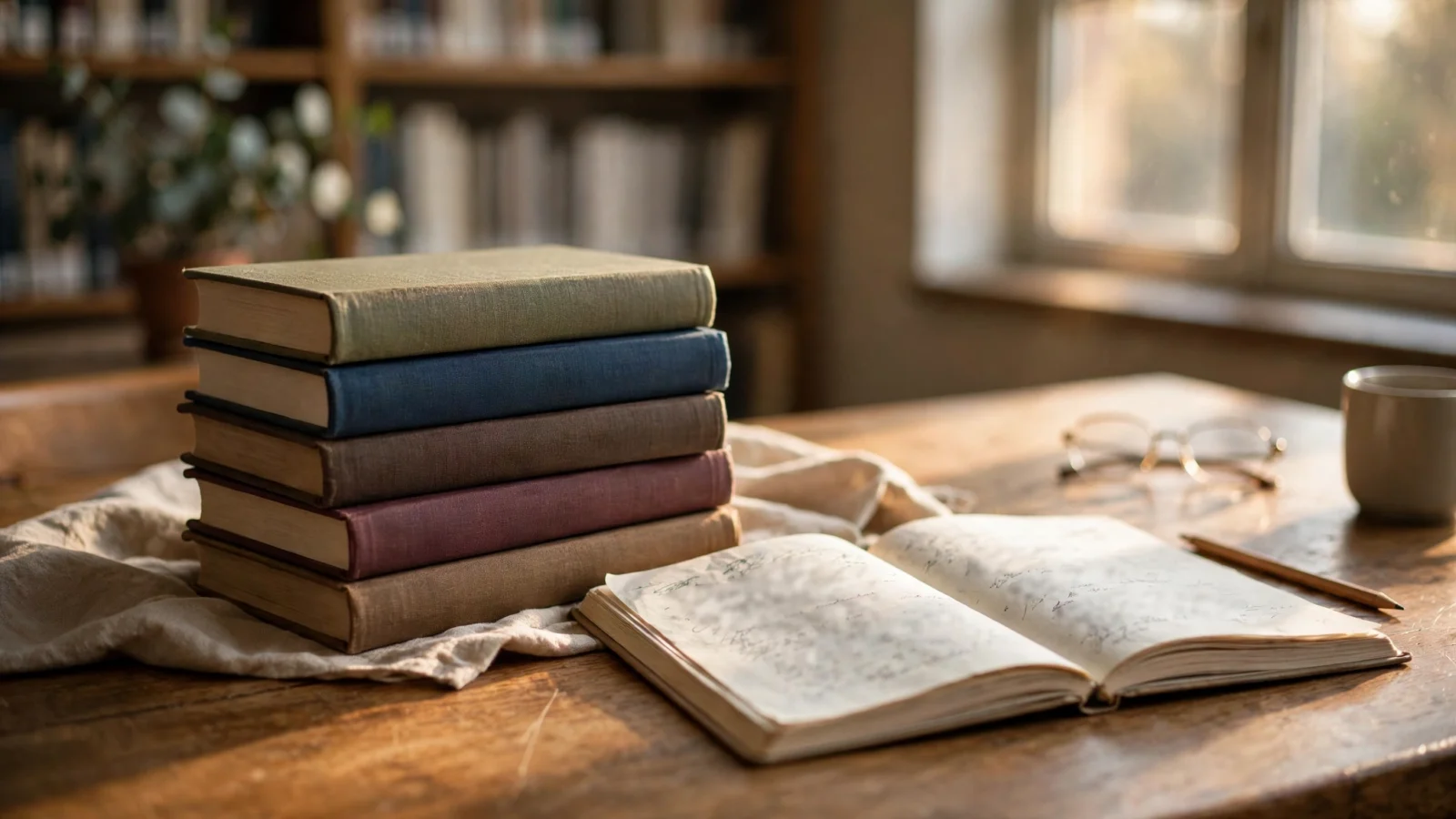 A stack of cloth-bound books and an open notebook with blurred pages on a wooden library table in warm window light