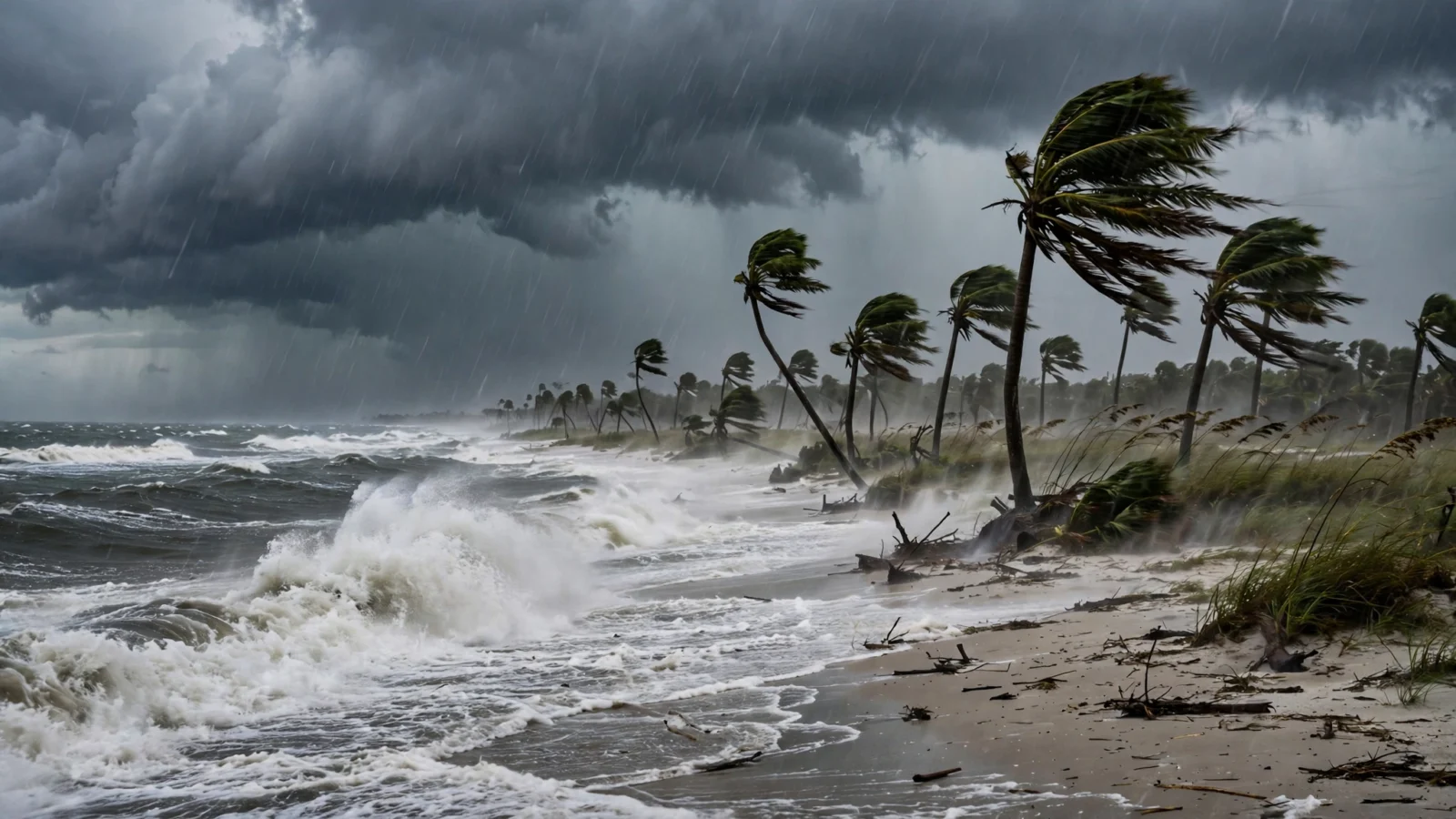 Waves crash onto a sandy Gulf Coast beach under dark storm clouds as palm trees bend in strong wind and rain