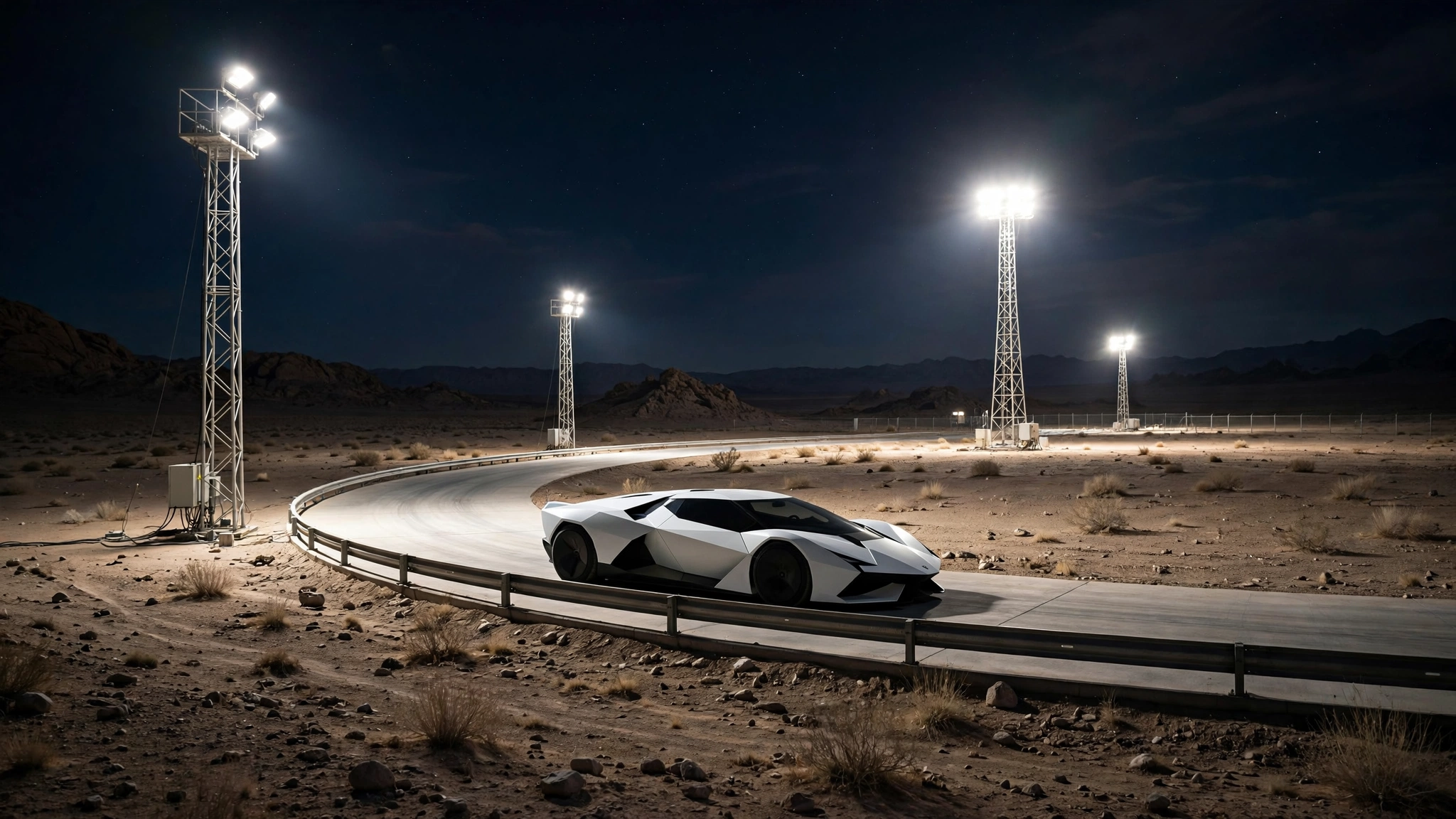 A stark white angular sports car on a curved ramp at a floodlit desert test site at night
