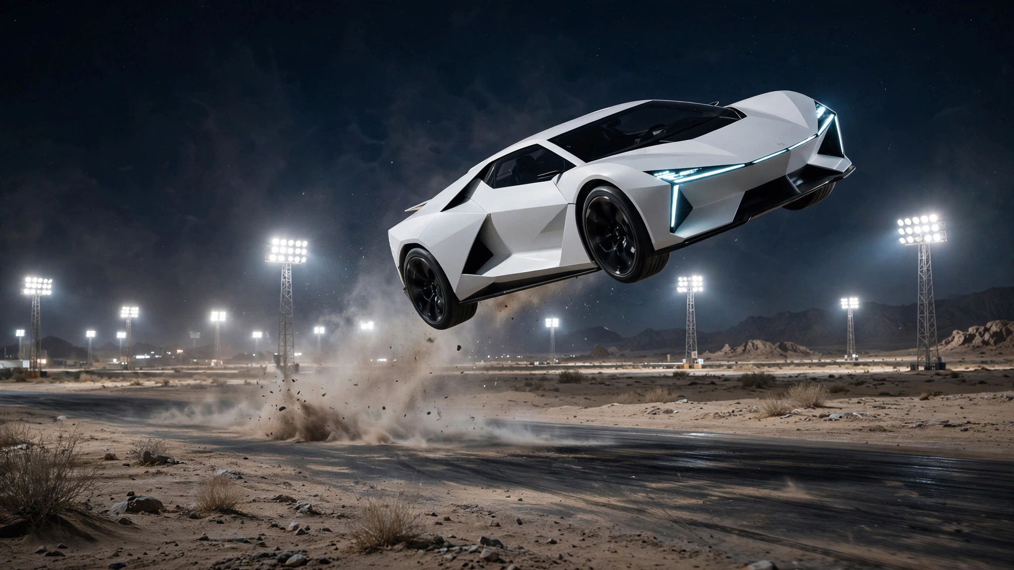 A futuristic white sports car tilted in mid-air above a desert test track at night, floodlight towers in the background