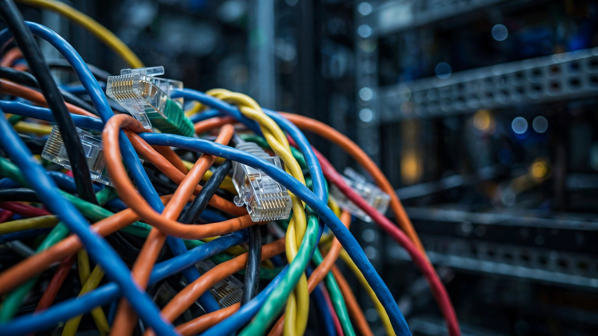 Close-up of tangled colored network cables with Ethernet connectors in a data center.