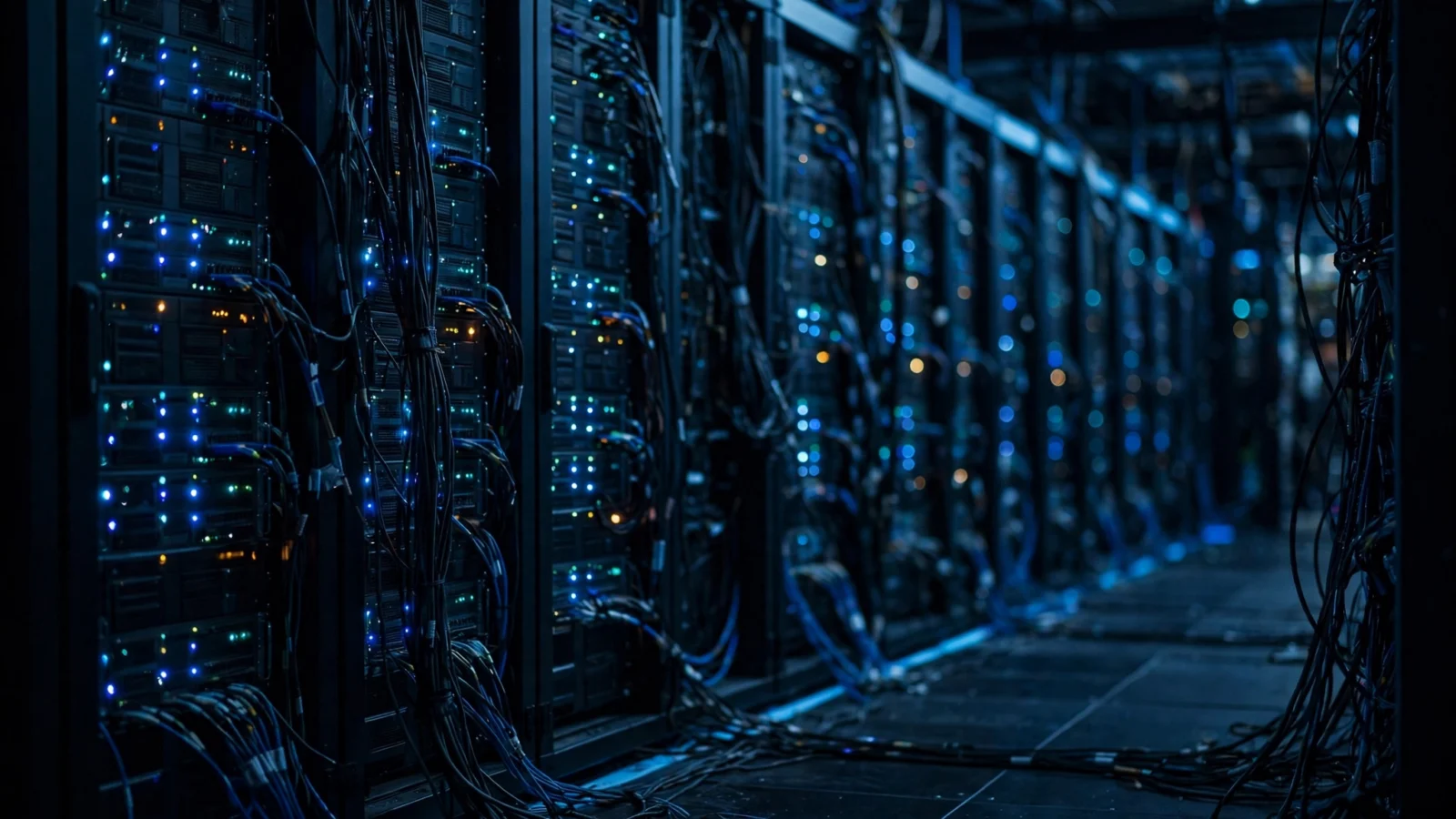 Rows of server racks with blinking indicator lights in a dark data center.
