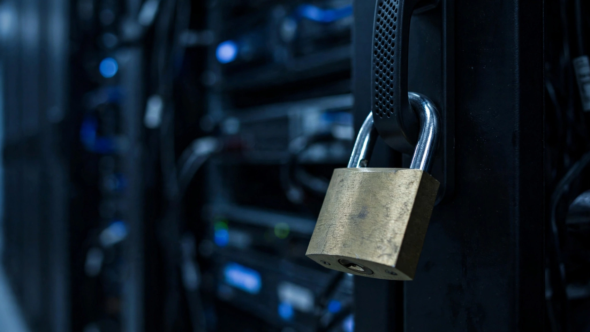 A brass padlock locked on a server cabinet handle in a dimly lit data center.