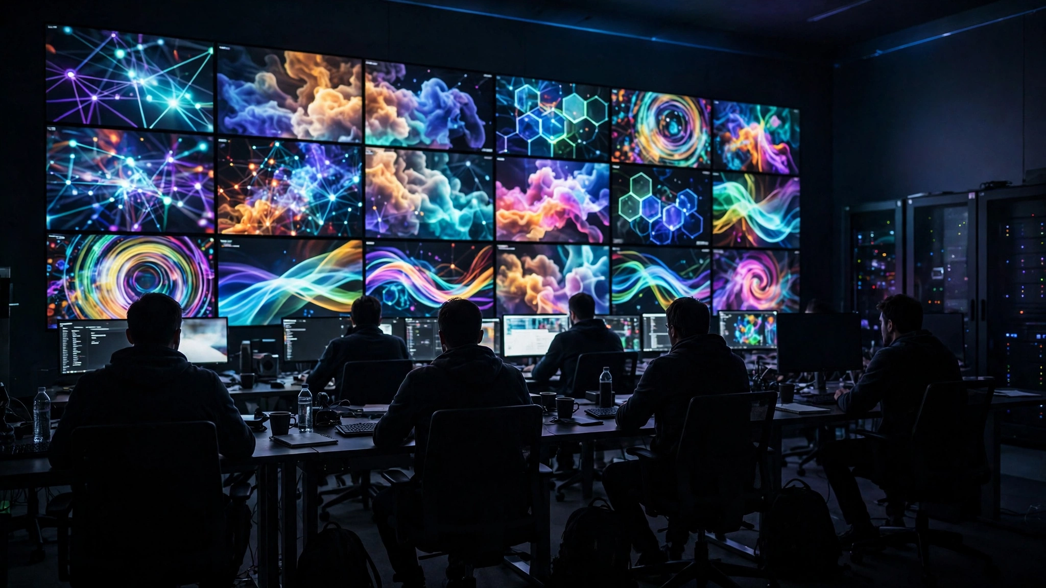 Silhouetted analysts at desks in a security operations center facing a wall of glowing monitors.