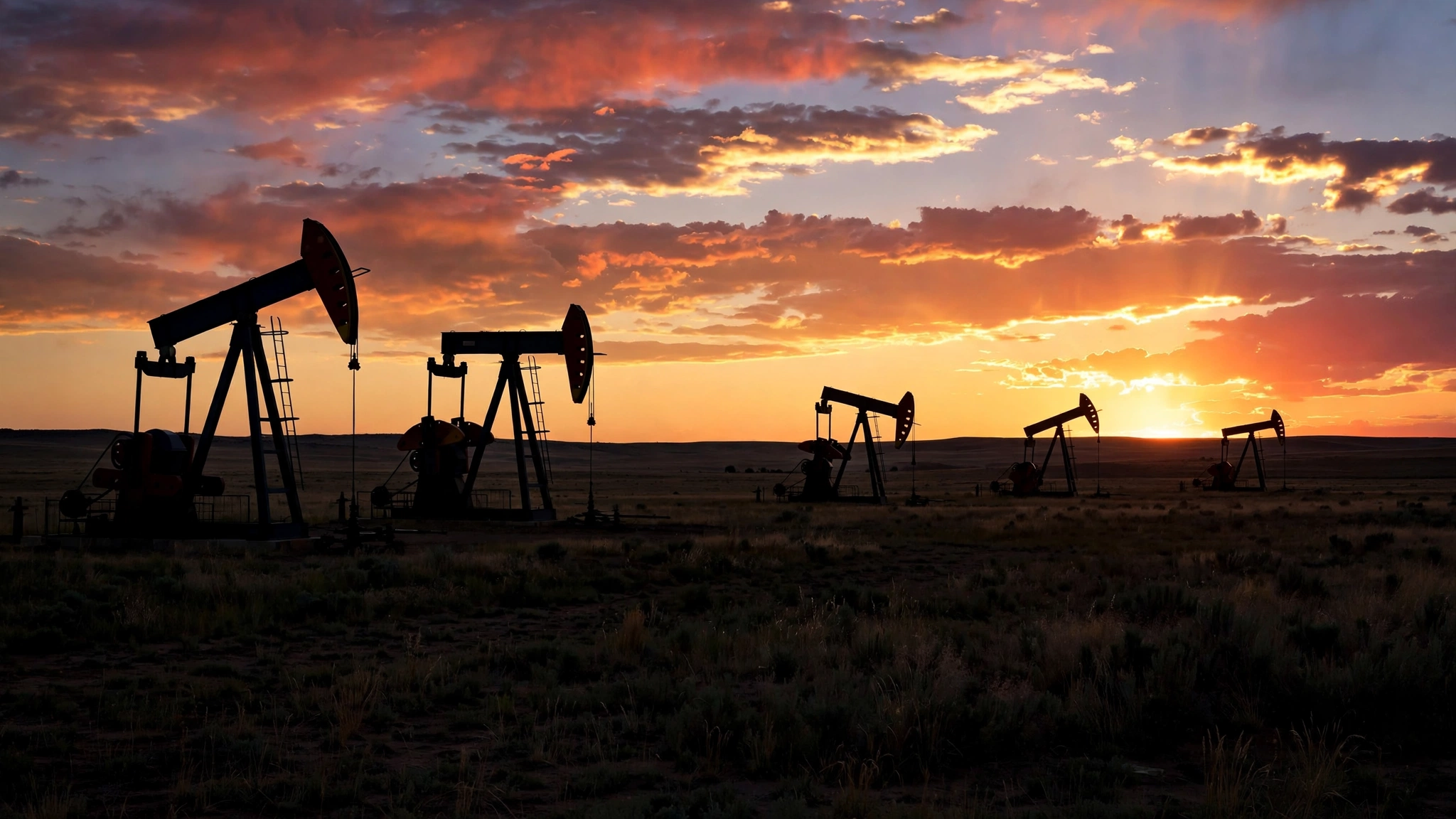 Oil pumpjacks silhouetted against a colorful sunset sky in an open field.