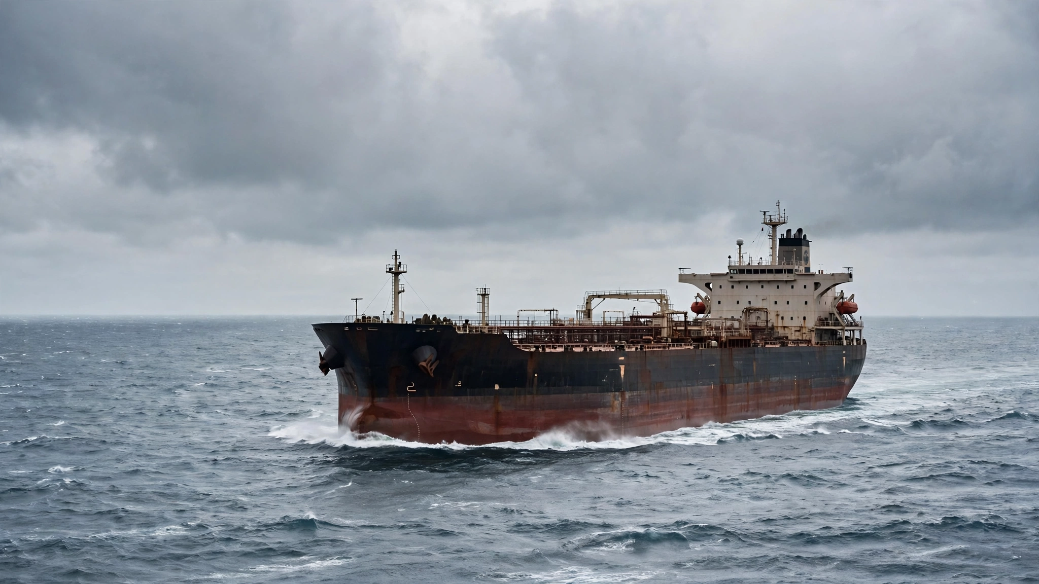 A large crude oil tanker ship sailing on the open sea under an overcast sky.