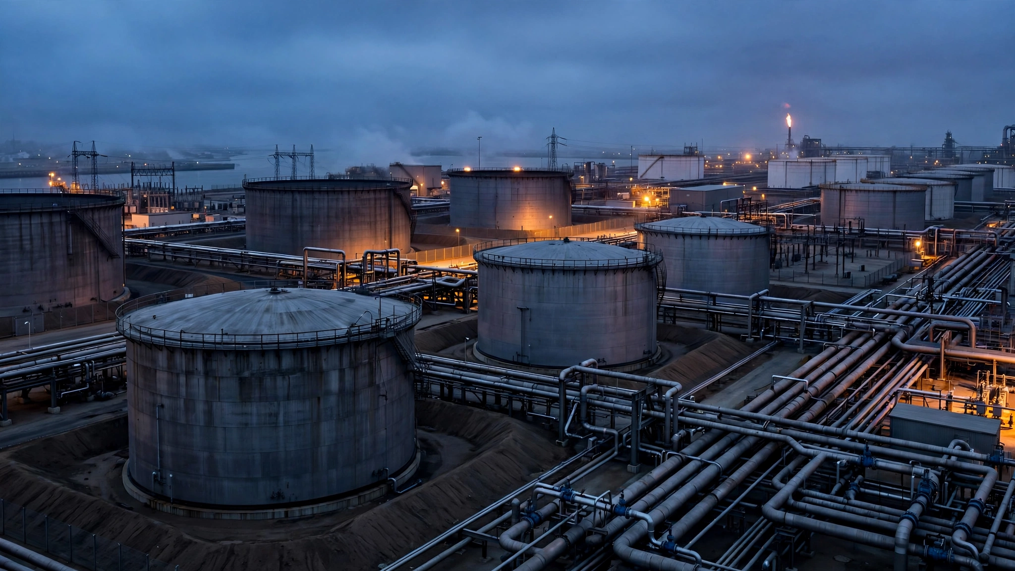 Industrial fuel storage tanks and pipelines at an oil terminal at dusk.