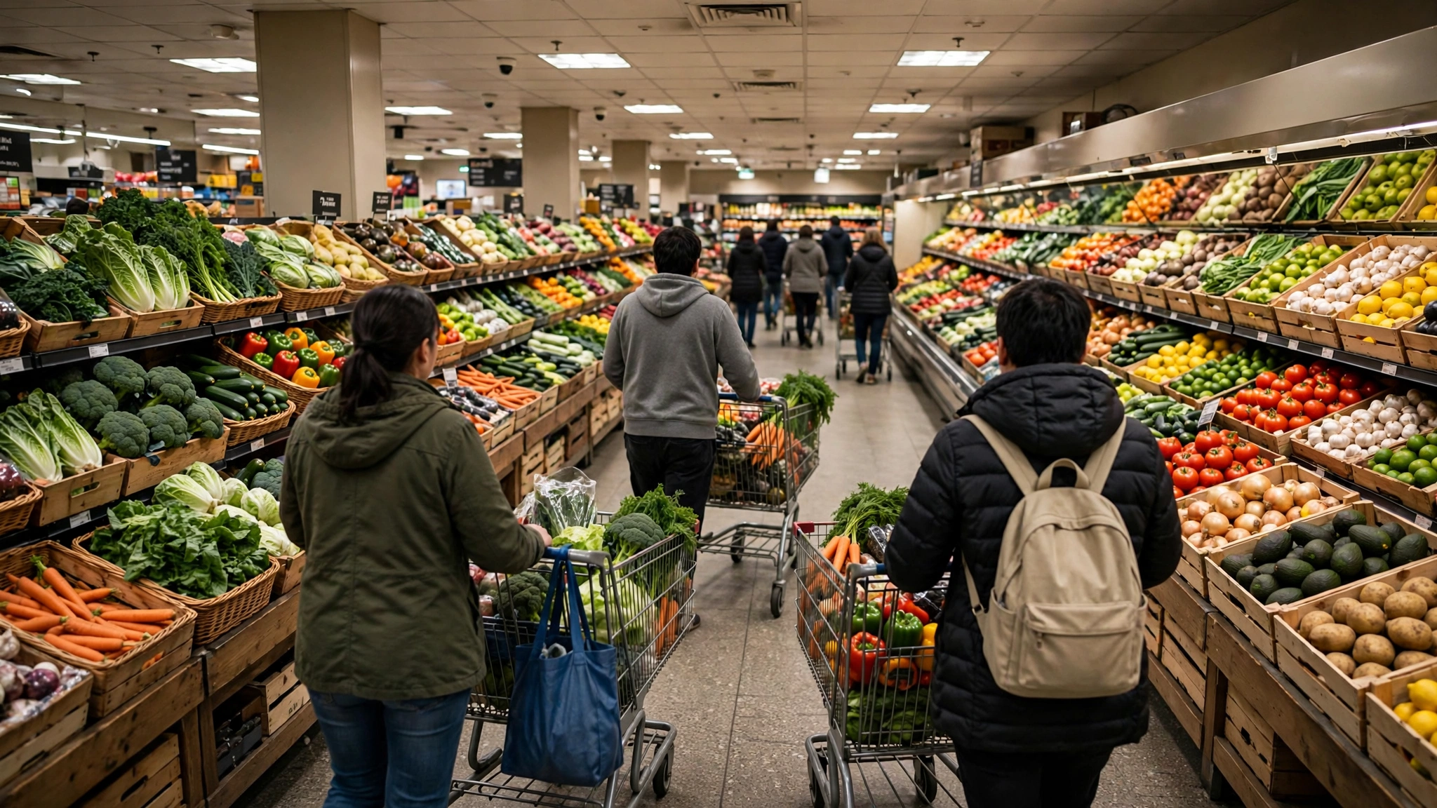 Shoppers with carts in the produce aisle of an American grocery store