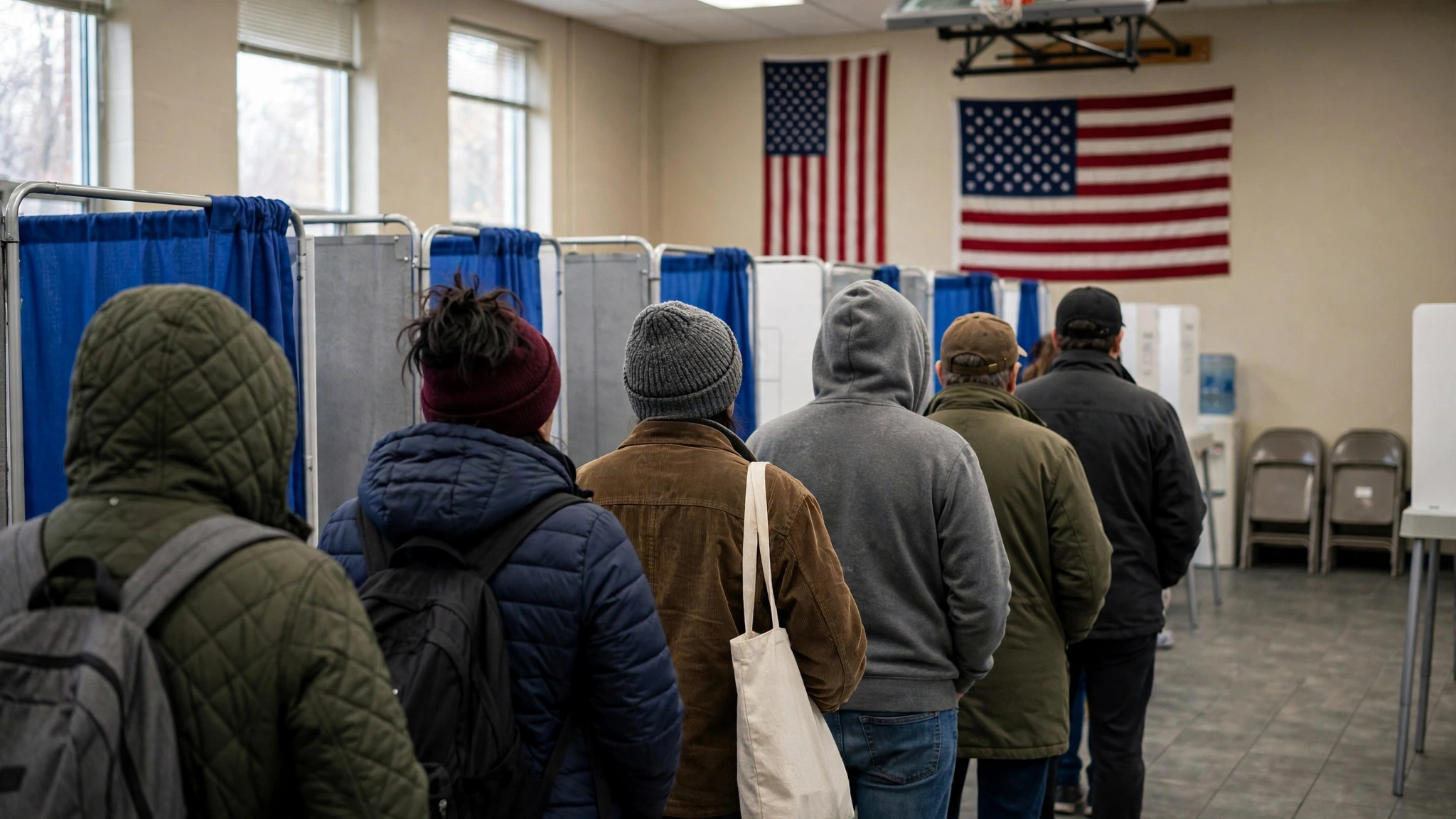 Voters standing in line at a polling station, seen from behind, with voting booths and American flags