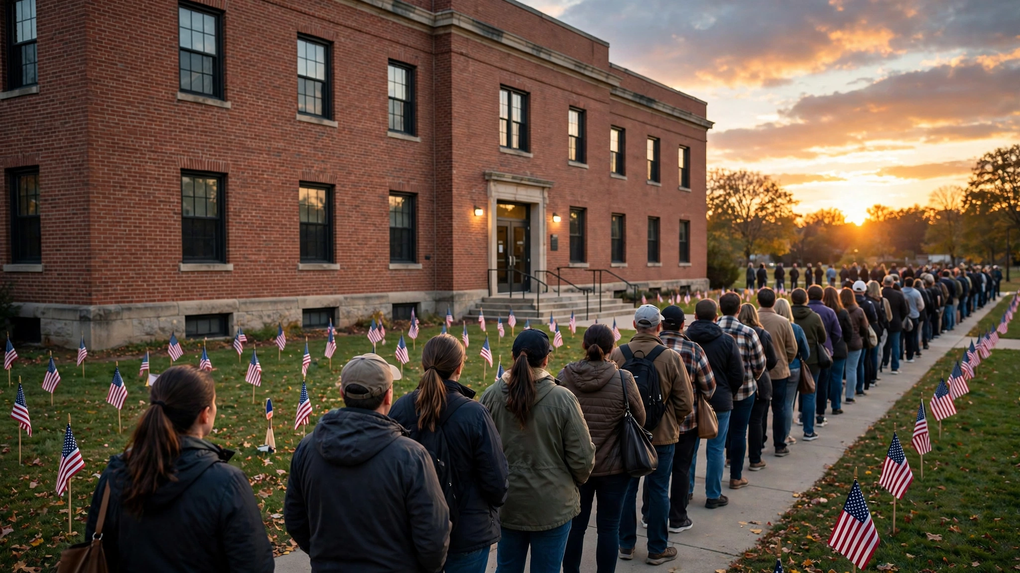 A long line of voters seen from behind walking toward a brick civic building at sunset, small American flags staked along the grass on both sides of the sidewalk.