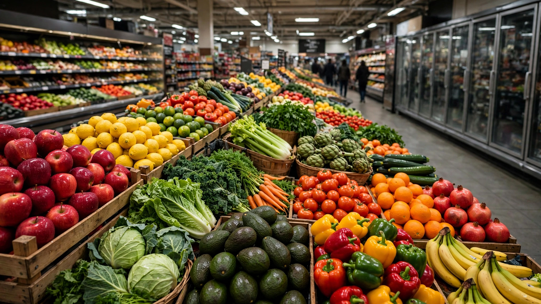 A grocery store produce aisle stacked with colorful fruits and vegetables in wooden crates, with only distant blurred shopper silhouettes in the background.