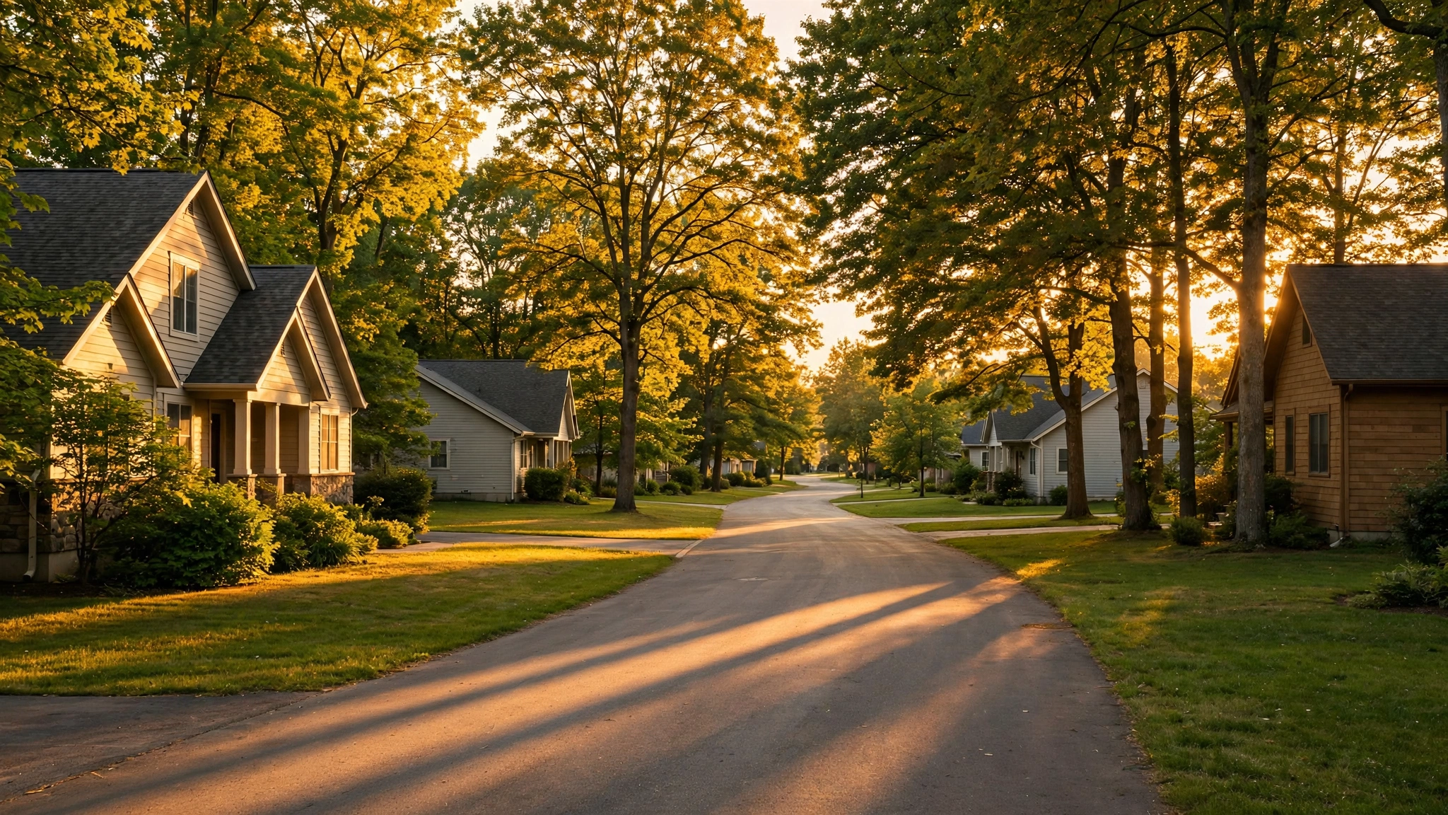 A quiet suburban street curving past single-family houses and tall trees at golden hour, empty of people and cars.