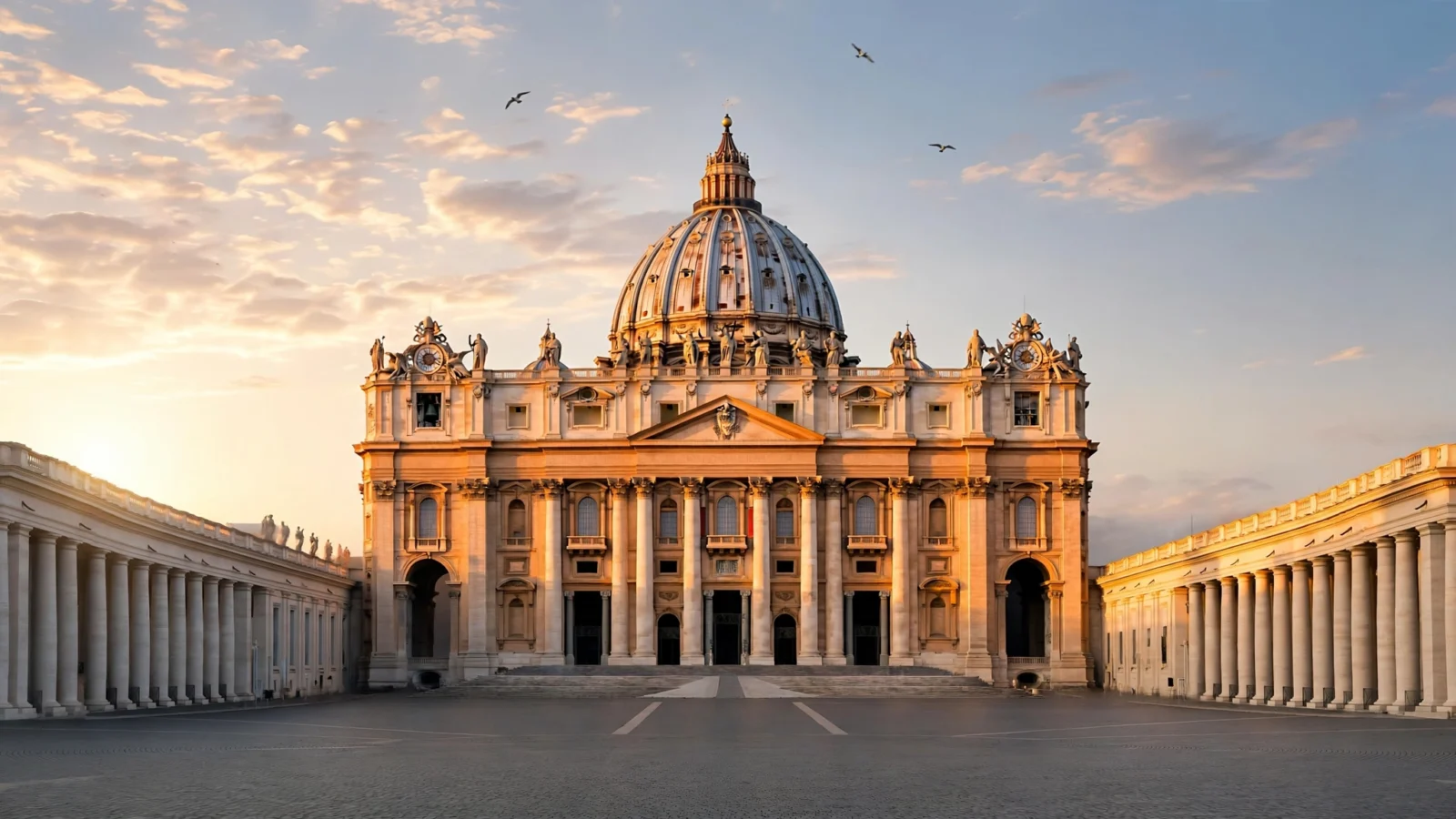 St. Peter's Basilica and its dome in Vatican City at sunrise.