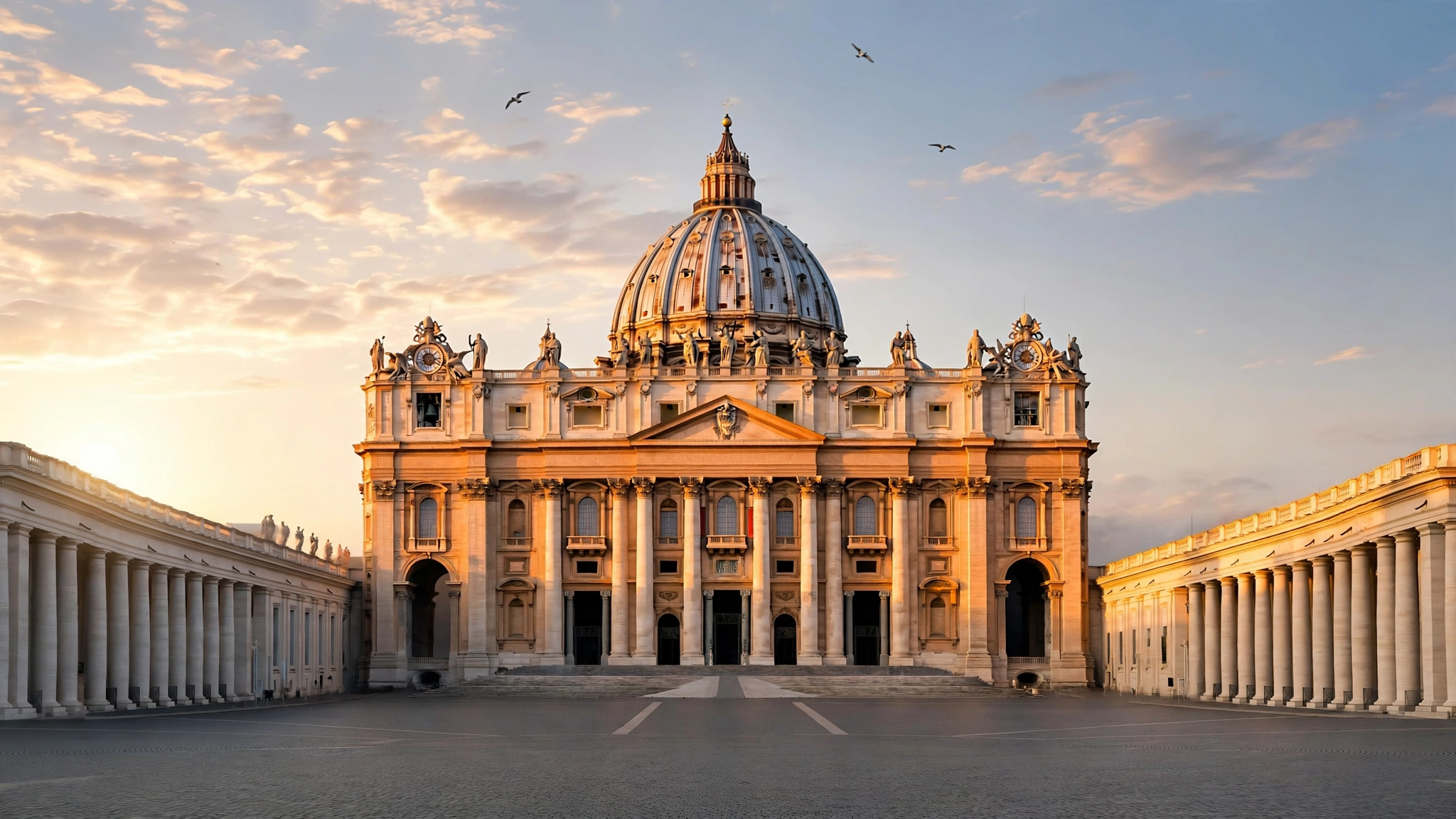 St. Peter's Basilica and its dome in Vatican City at sunrise.
