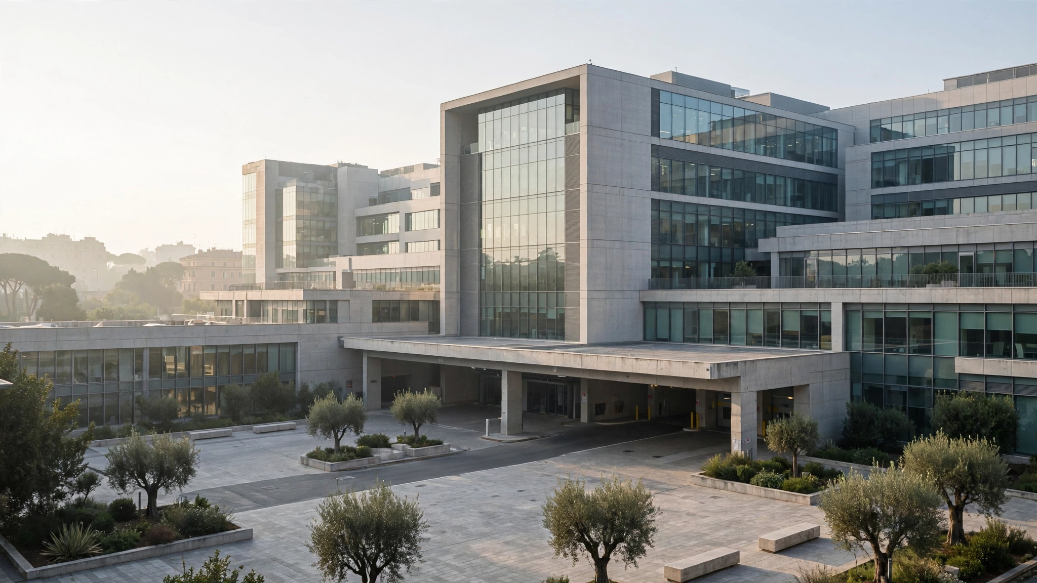 A large modern hospital building in Rome in morning light.