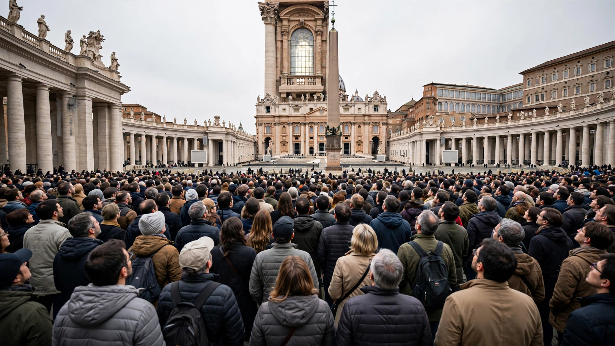 A crowd in St. Peter's Square looks toward a window above a building balcony.