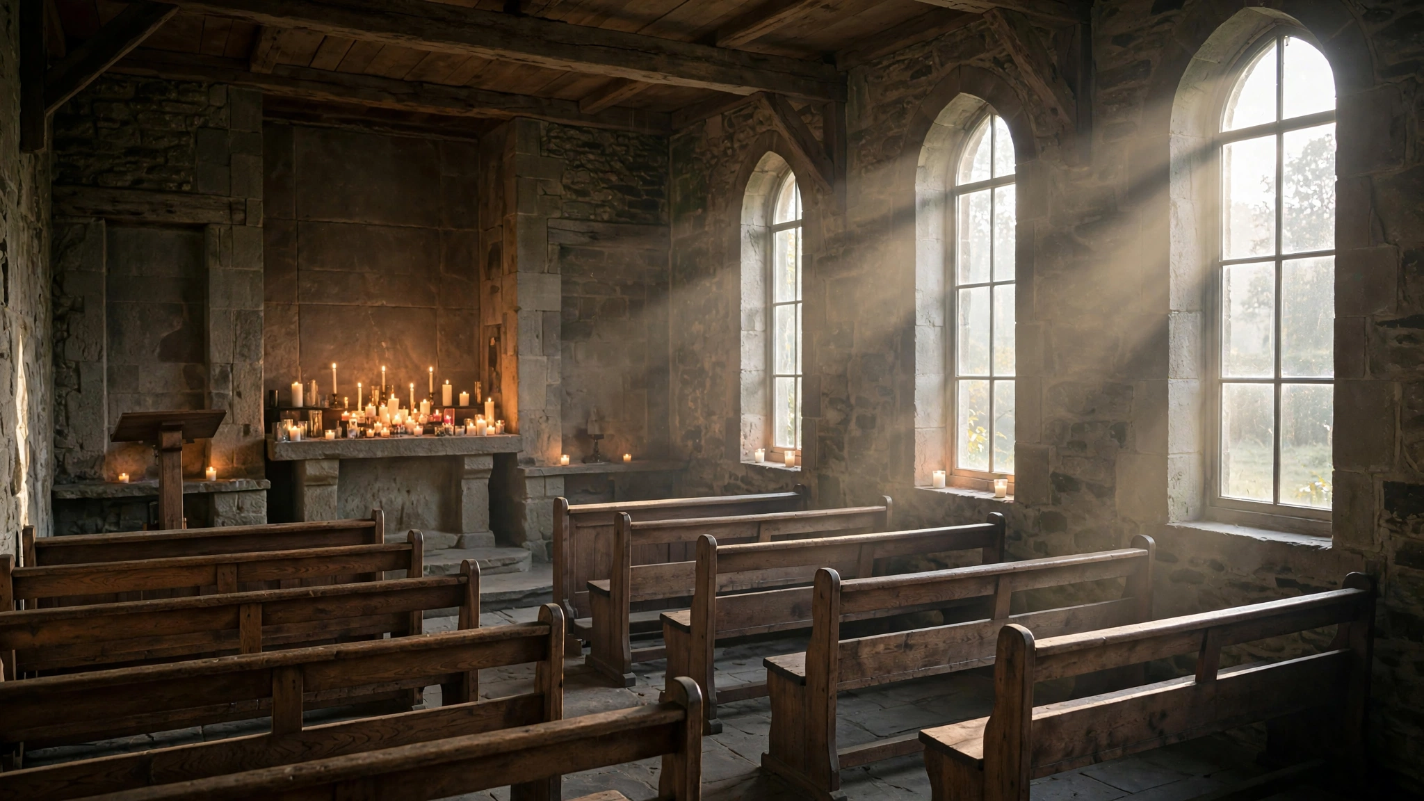 A quiet chapel interior with lit candles and wooden pews.