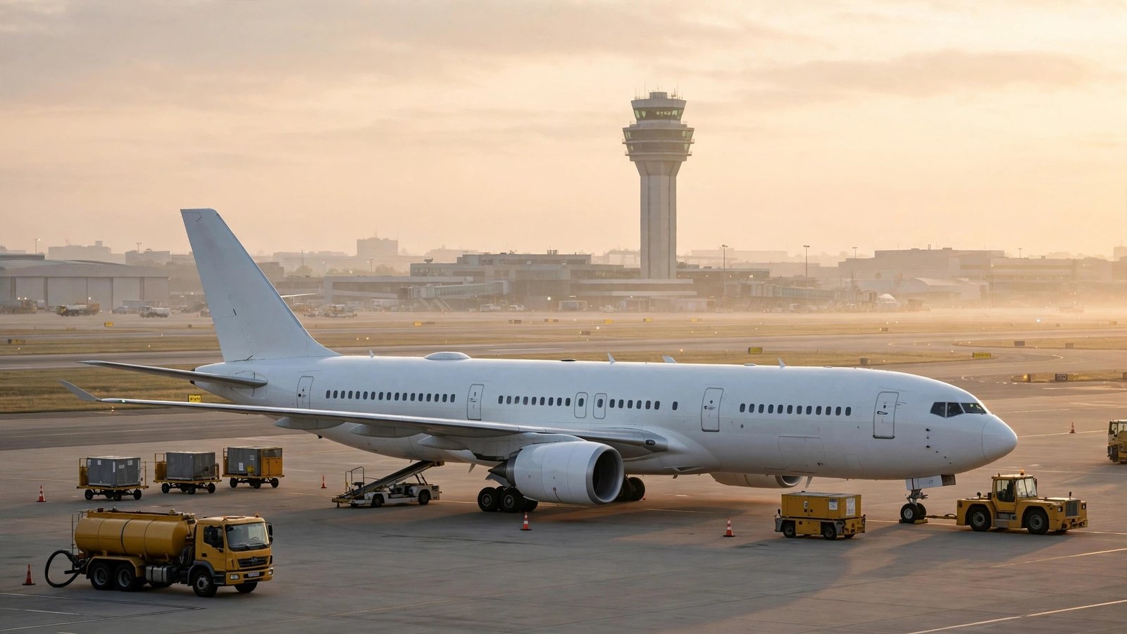 A large white passenger airplane parked on an airport tarmac at dawn, with ground vehicles nearby and a control tower in the background