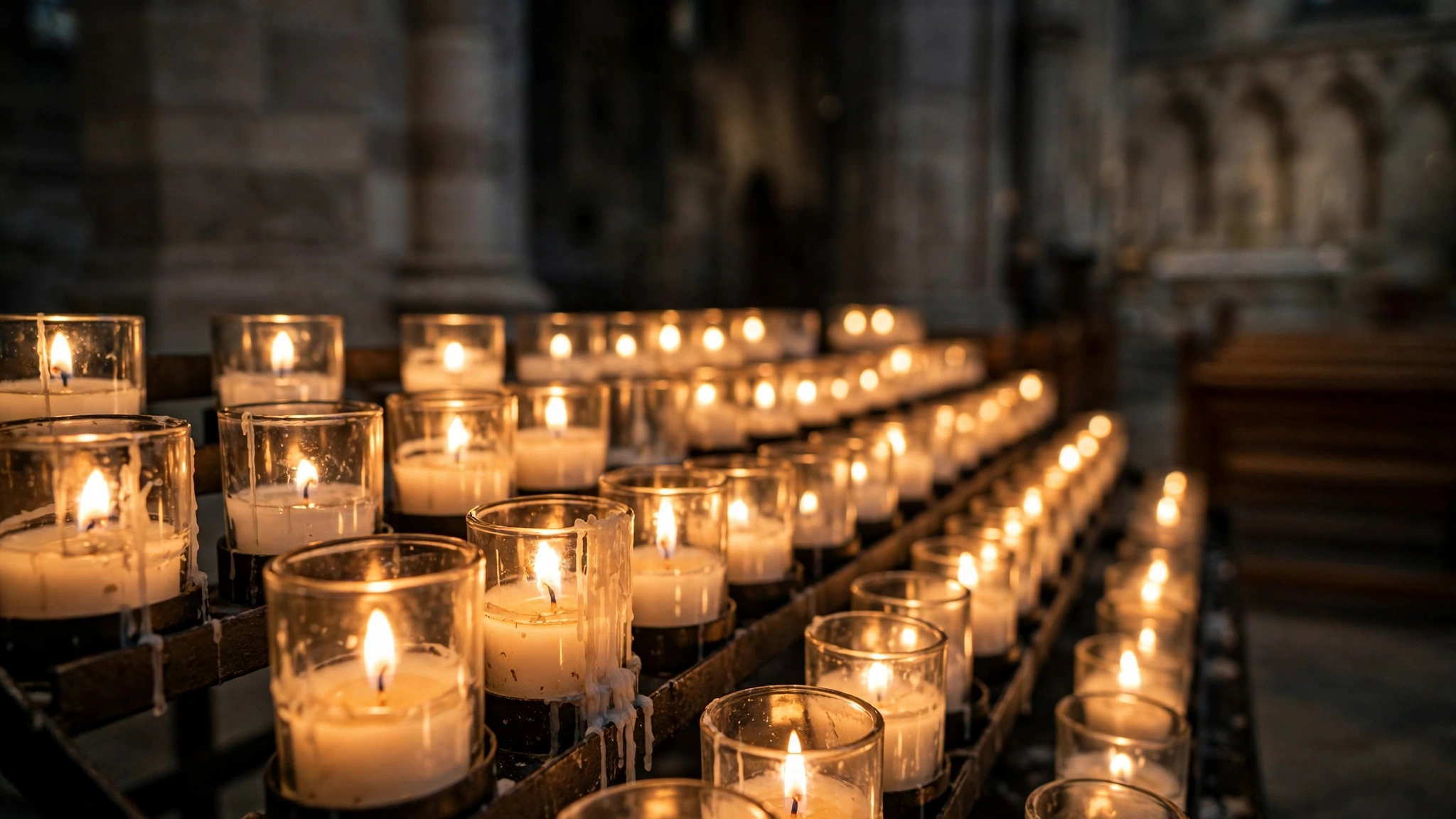 Rows of lit prayer candles in glass holders inside a church