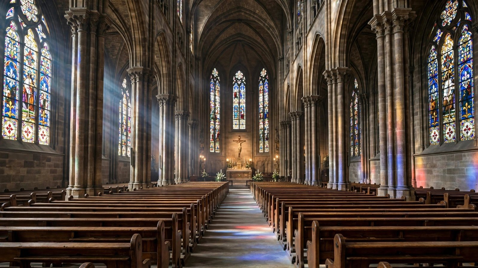 Rows of empty wooden pews and tall columns inside a large cathedral, with light coming through stained glass windows toward the altar