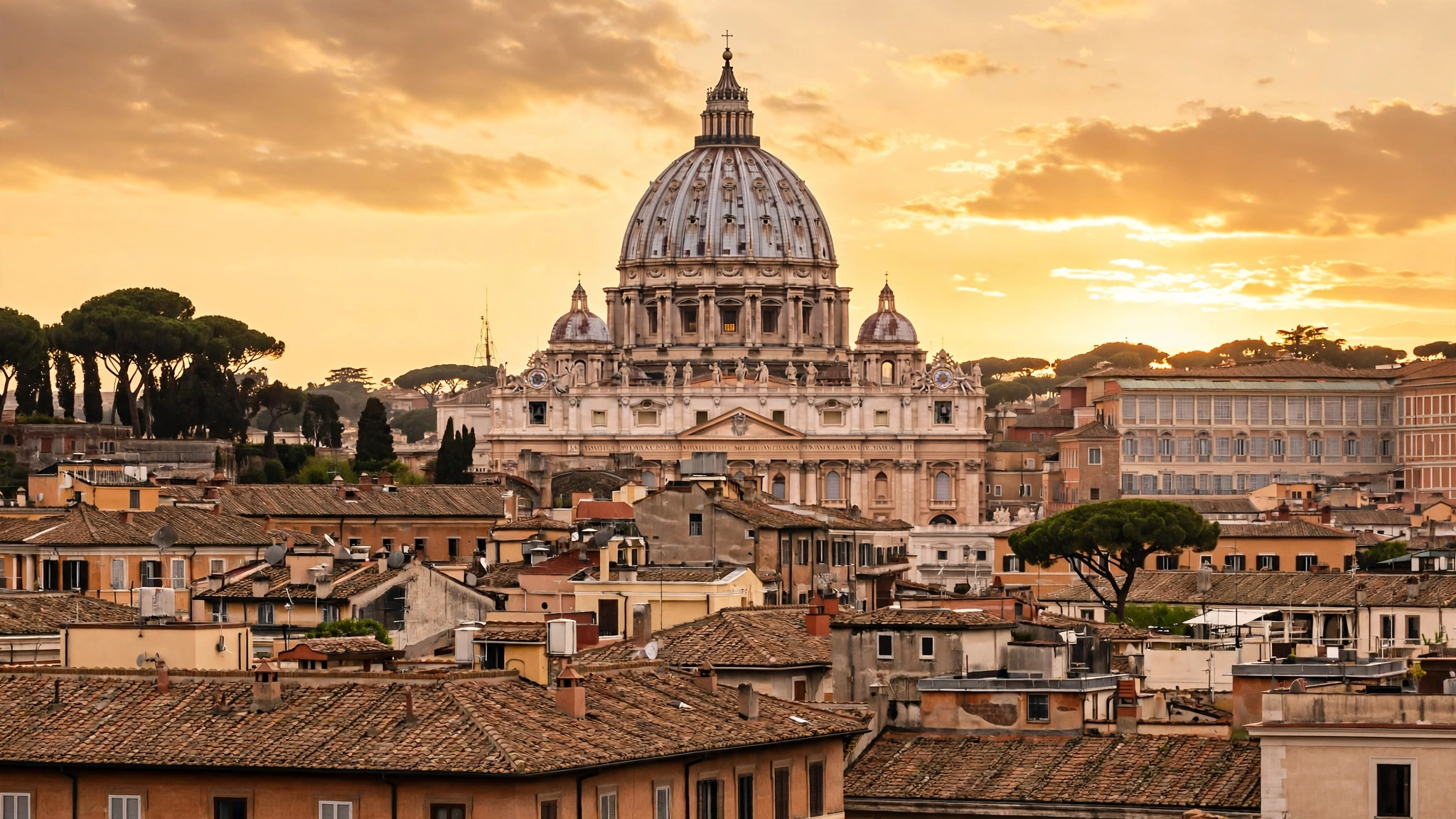 The dome of St. Peter's Basilica rising above Rome rooftops at sunset
