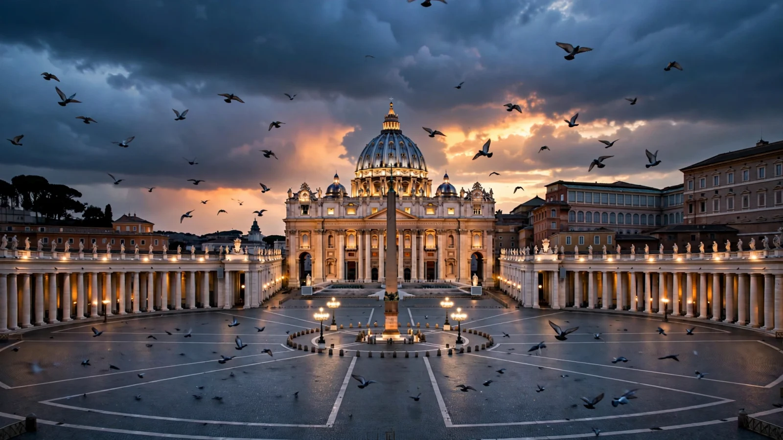 St. Peter's Basilica and the Vatican colonnade at dusk, with birds flying over the empty piazza.